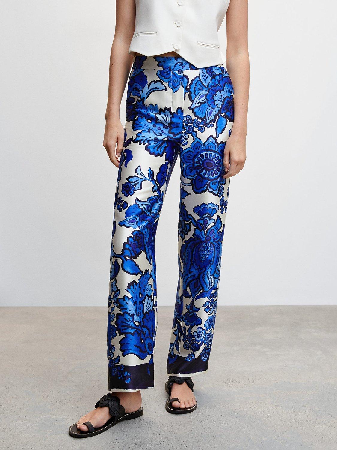 Mango Berries Floral Print Satin Trousers, Blue/White