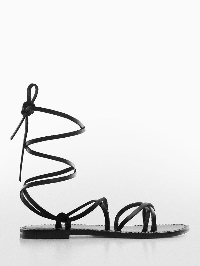 Mango Gina Leather Strappy Flat Sandals, Black