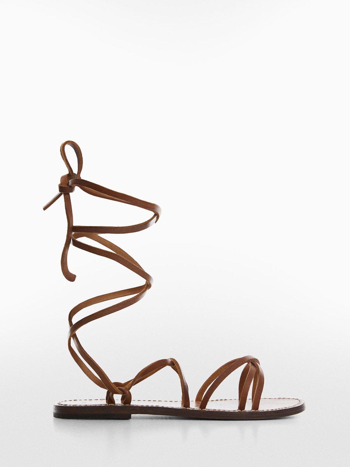 Mango Gina Leather Strappy Flat Sandals, Medium Brown
