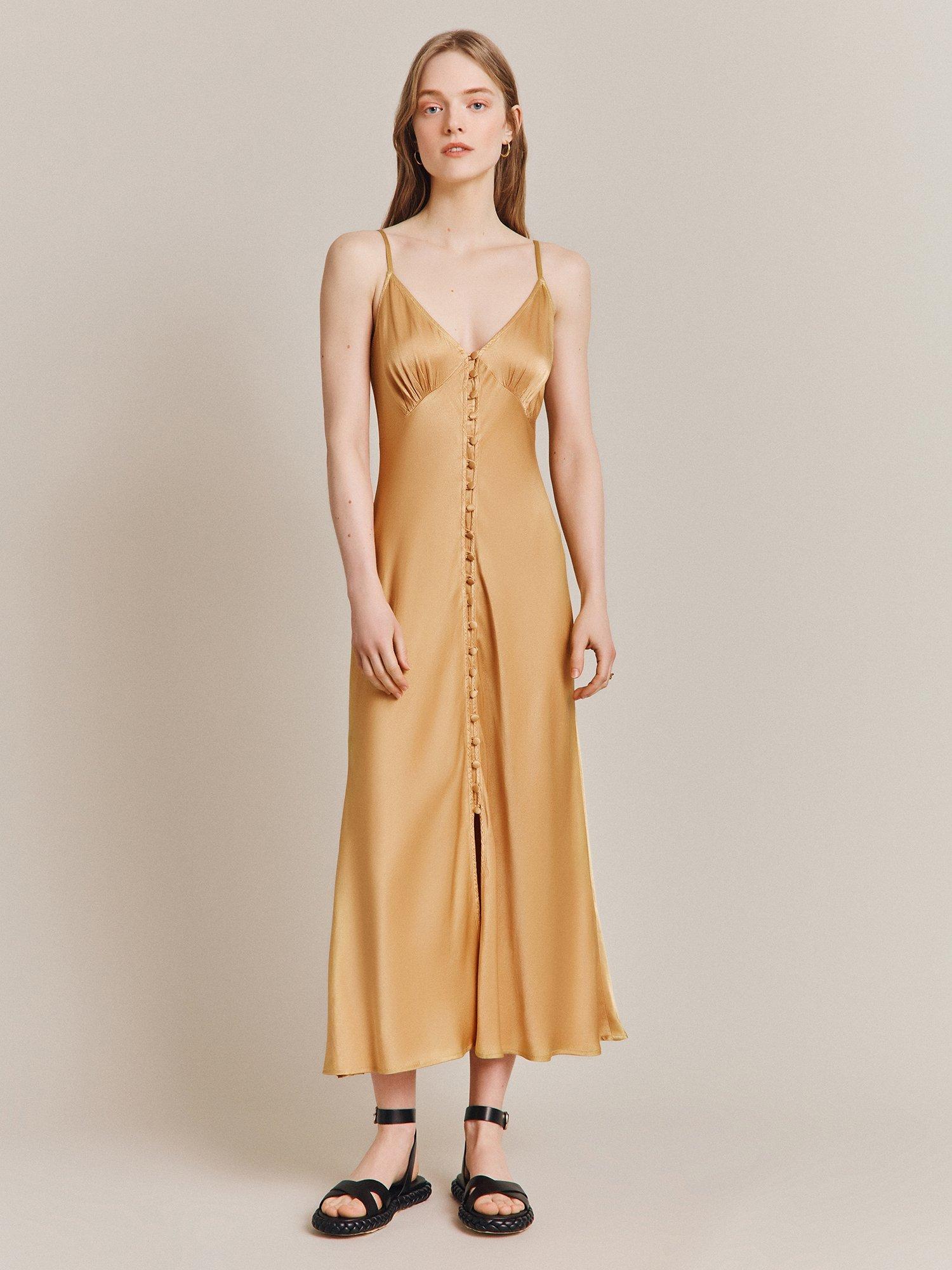Ghost Jada Satin Slip Midi Dress, Honey