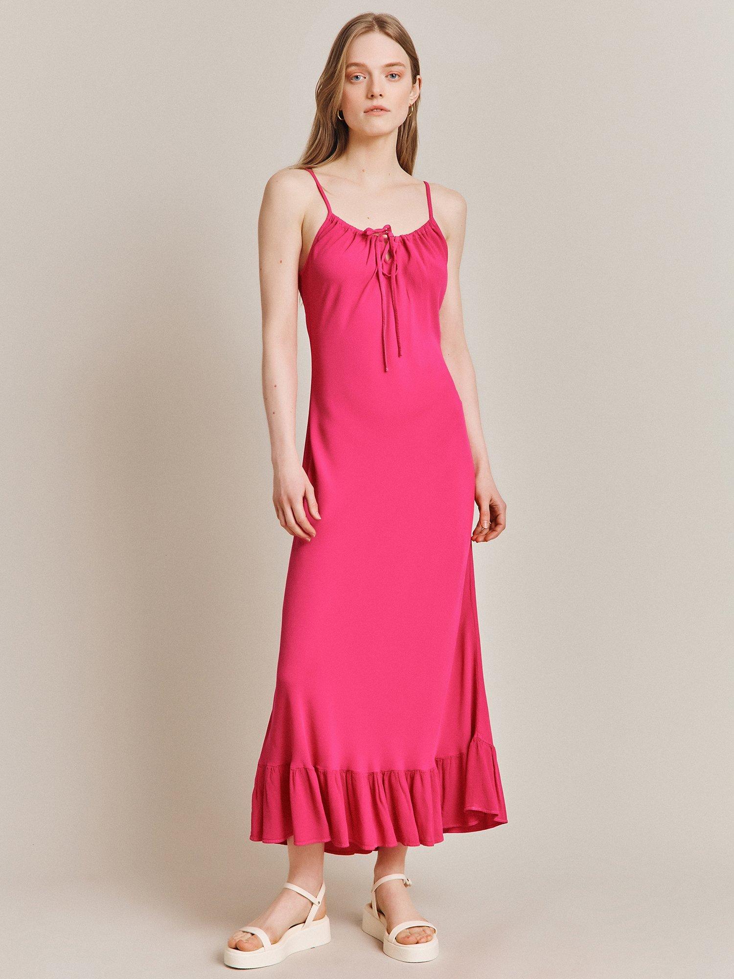 Ghost Isabella Tiered Hem Midi Dress, Pink