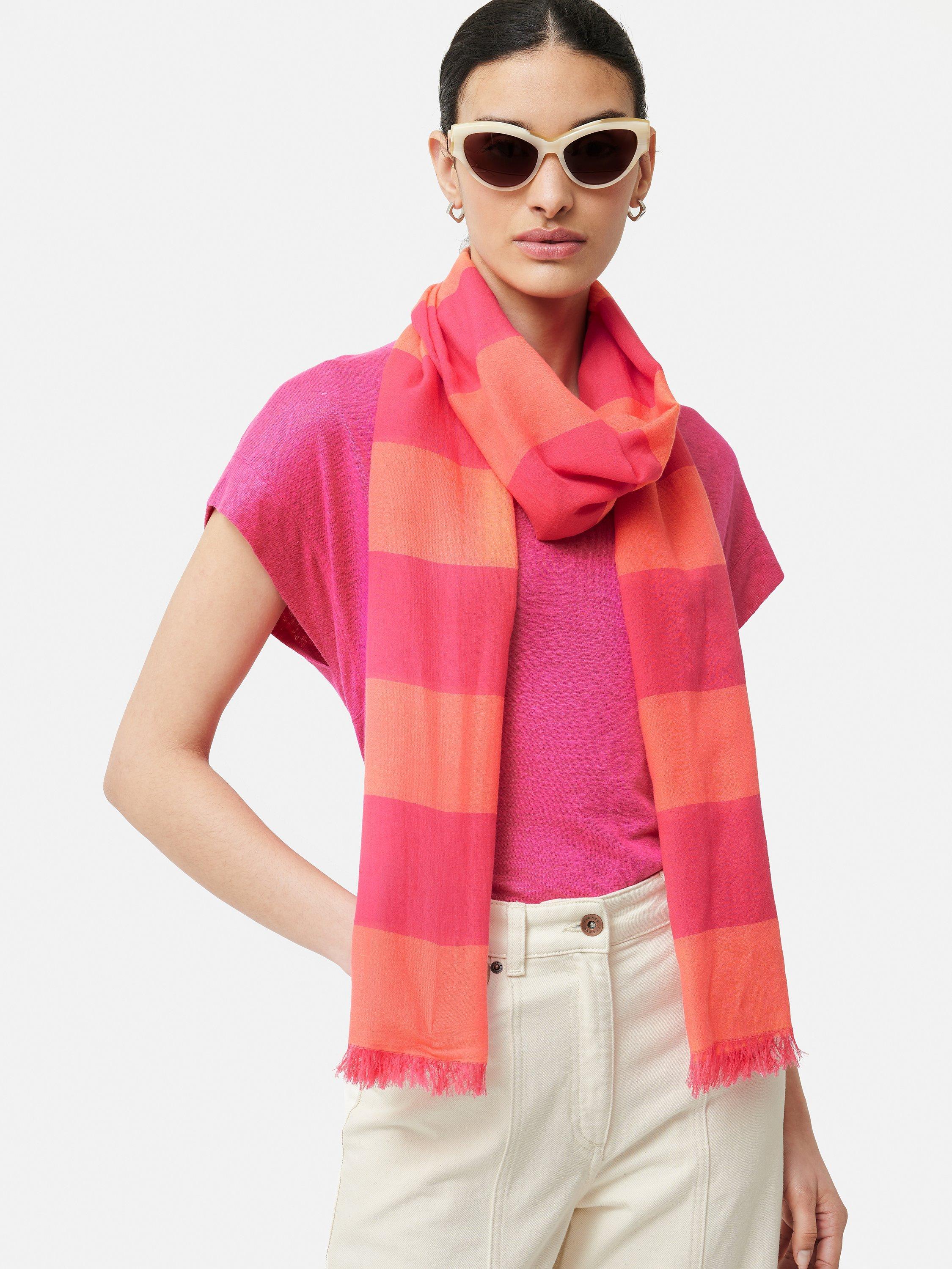 Jigsaw Woven Stripe Cotton Scarf, Pink/Orange