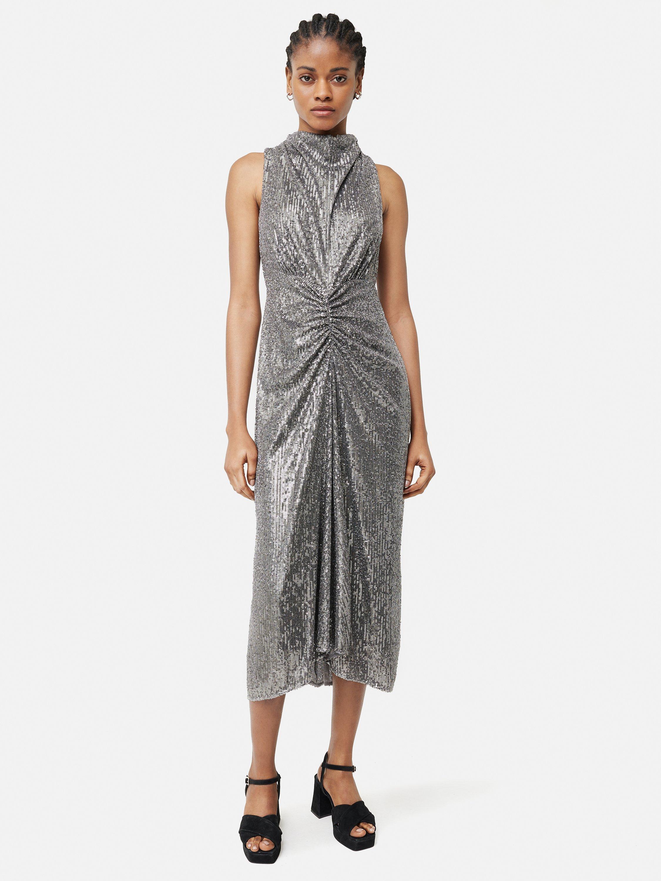 Jigsaw Cowl Neck Sequin Midi Dress, Gun Metal