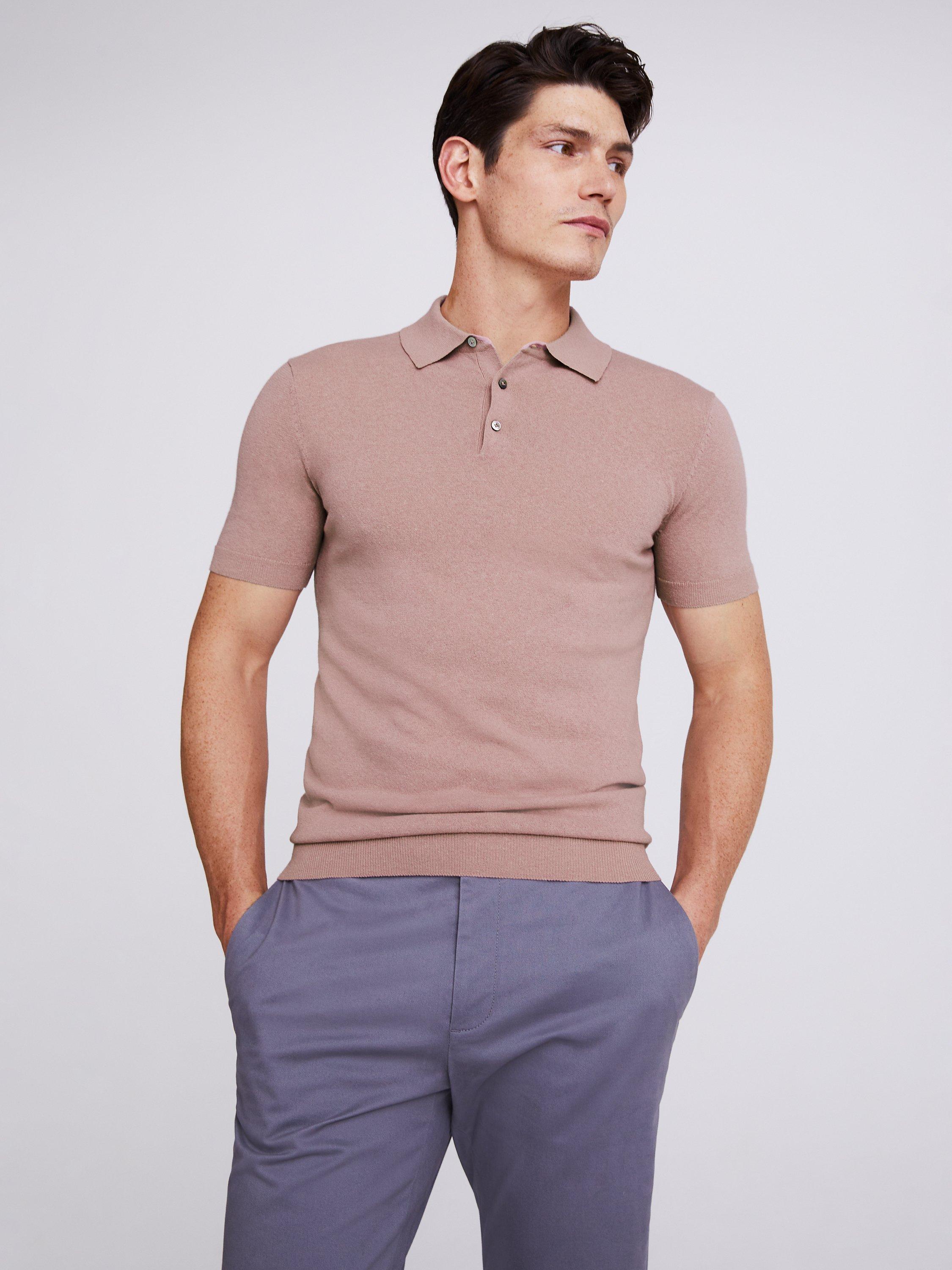 Moss Linen Blend Polo Top, Pink