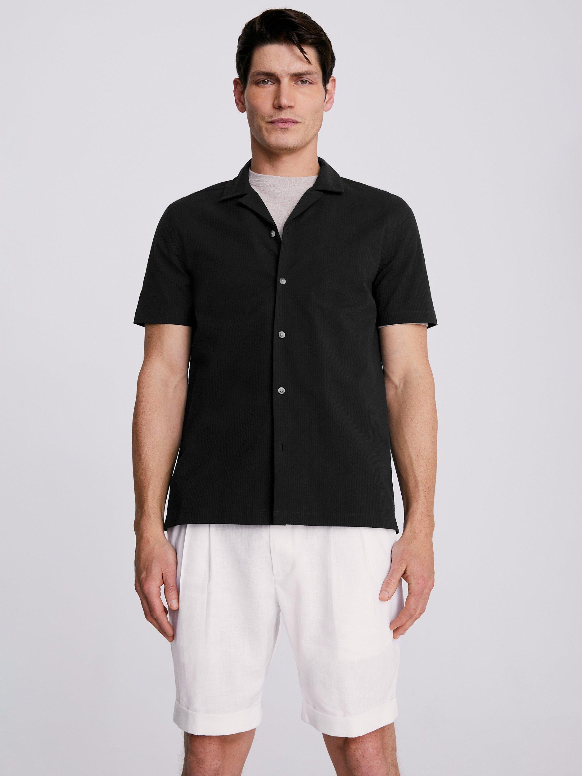 Moss Seersucker Cuban Collar Shirt, Navy