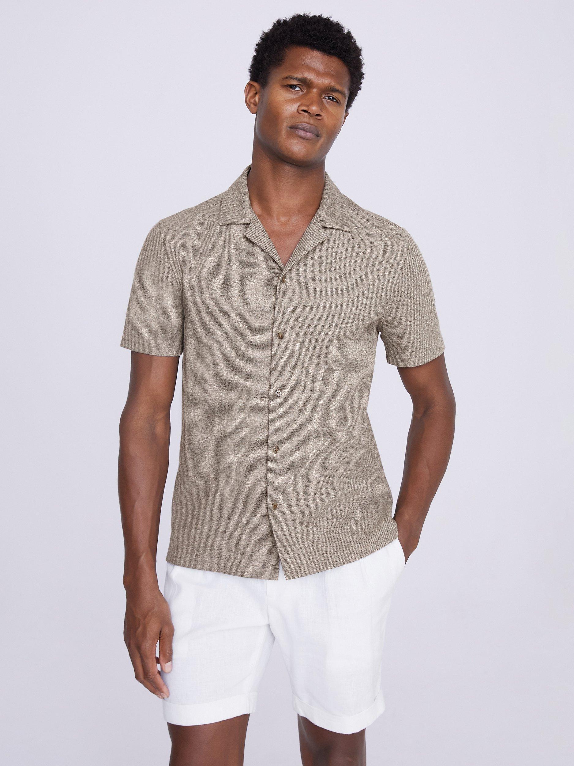 Moss Knitted Linen Blend Cuban Collar Shirt, Beige