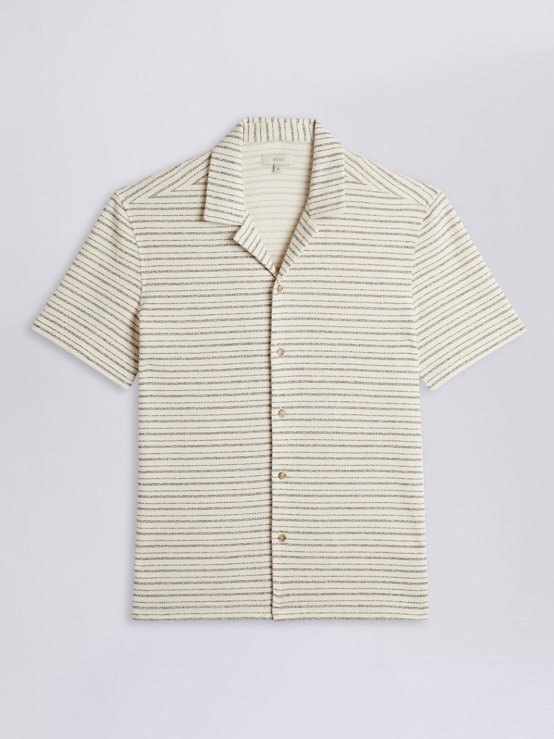 Moss Stripe Knitted Cuban Collar Shirt, Beige