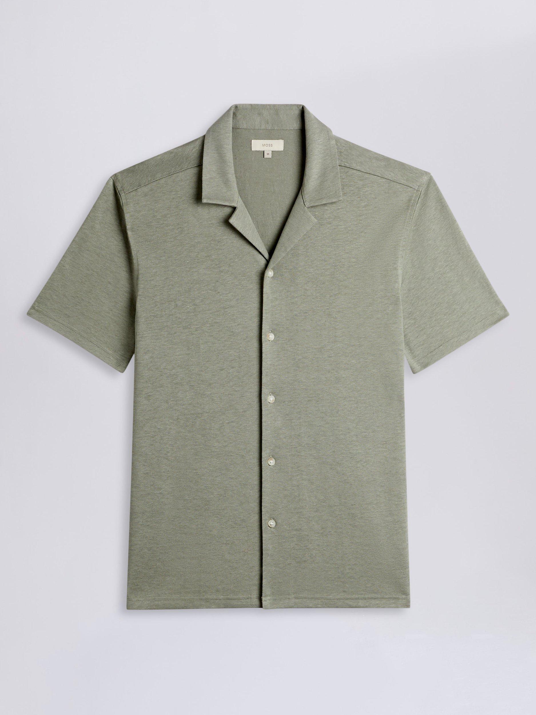 Moss Knitted Linen Blend Cuban Collar Shirt, Sage