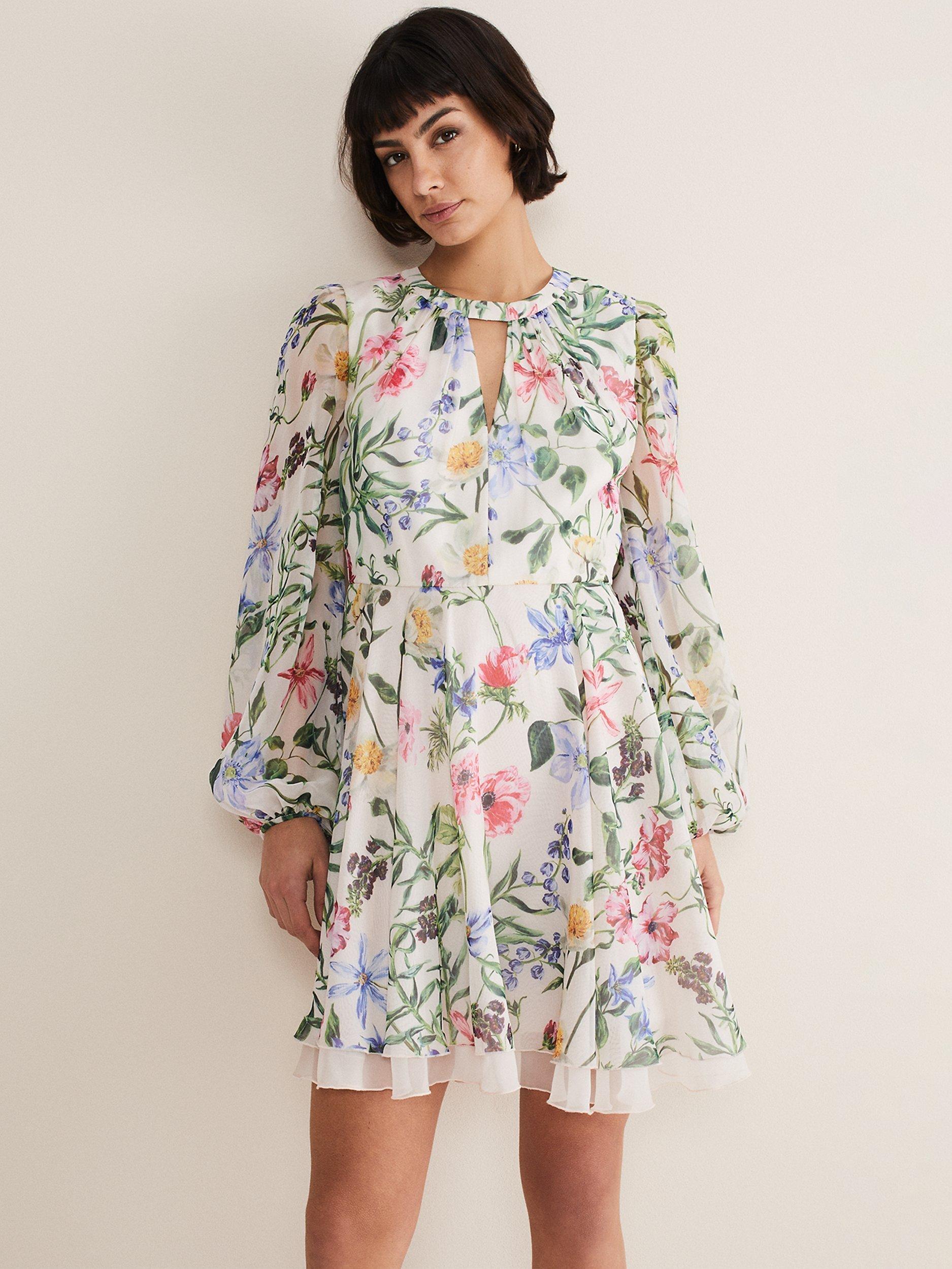 Product image 3 of 7, which shows Phase Eight Everleigh Chiffon Floral Mini Dress, Ivory/Multi, 26