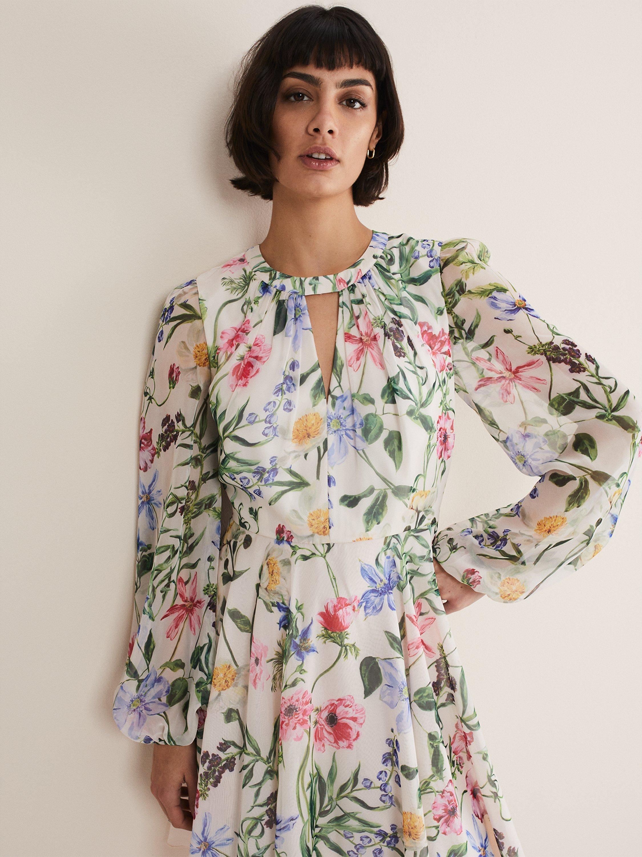 Product image 4 of 7, which shows Phase Eight Everleigh Chiffon Floral Mini Dress, Ivory/Multi, 26