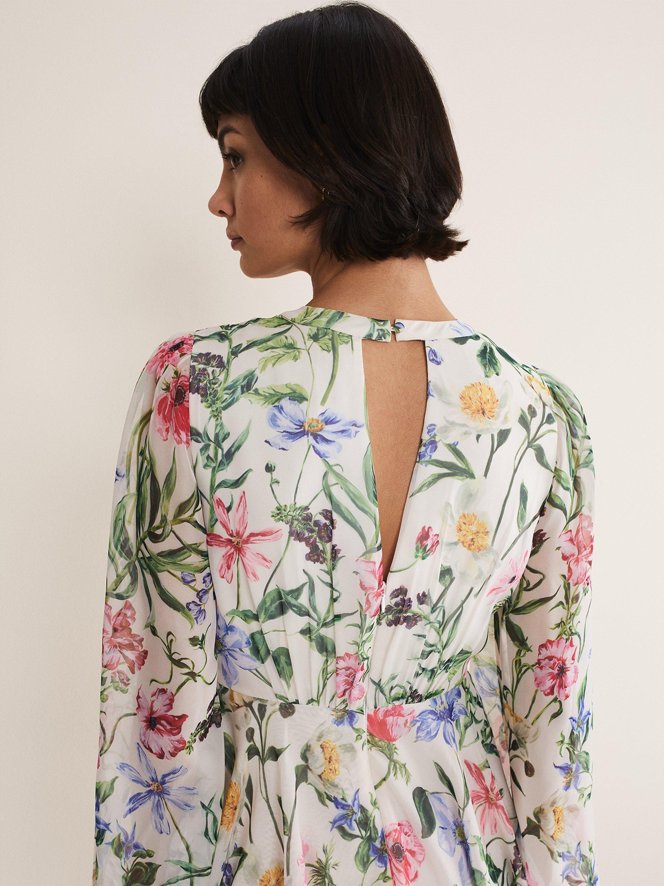 Product image 7 of 7, which shows Phase Eight Everleigh Chiffon Floral Mini Dress, Ivory/Multi, 26
