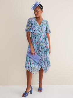 Phase Eight Kendall Floral Pleated Dress, Blue/Multi, Blue/Multi