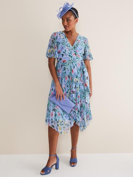 Phase Eight Kendall Floral Pleated Dress, Blue/Multi, Blue/Multi