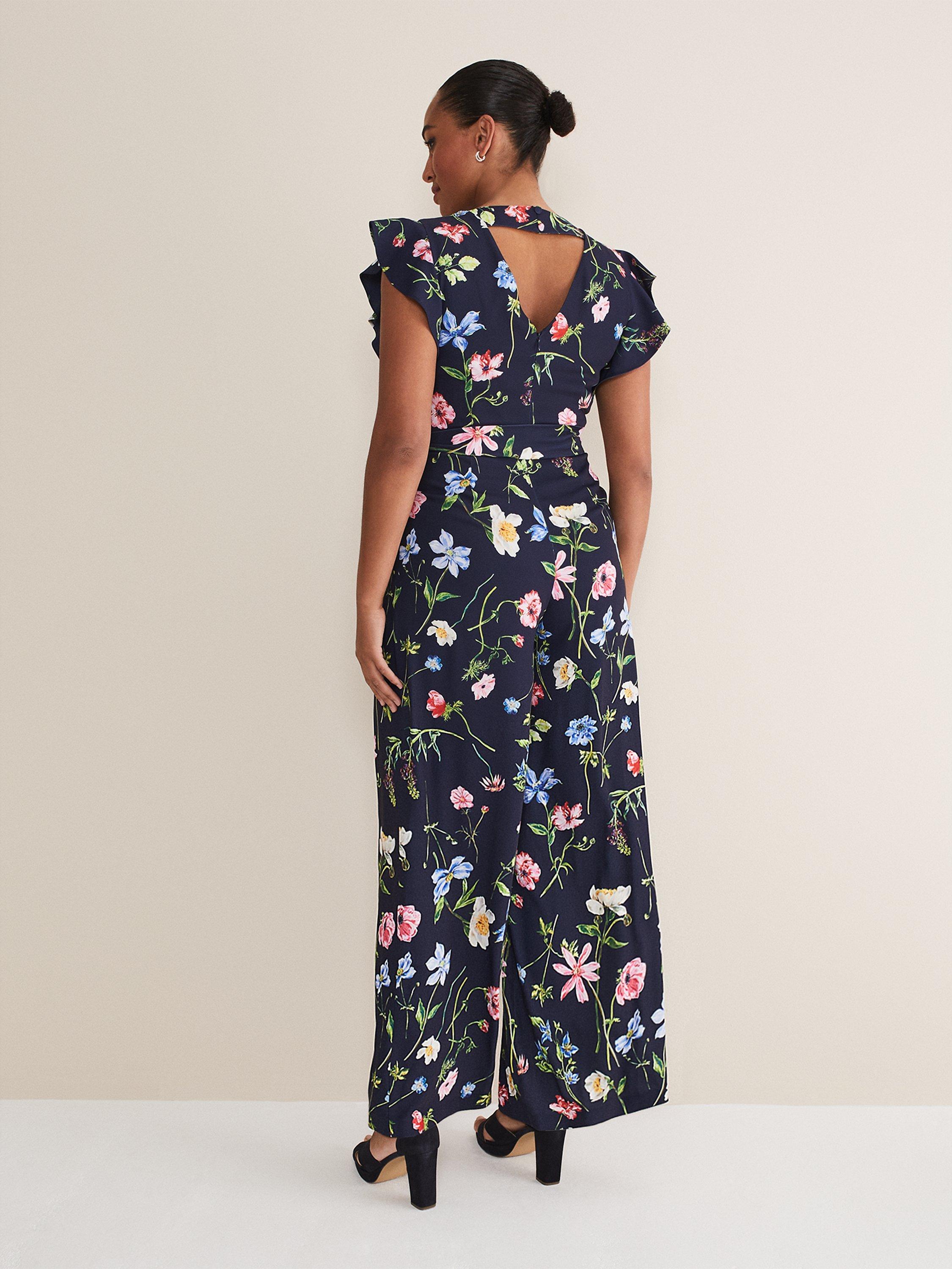 Product image 2 of 7, which shows Phase Eight Kallie V-Neck Floral Jumpsuit, Navy/Multi, 6