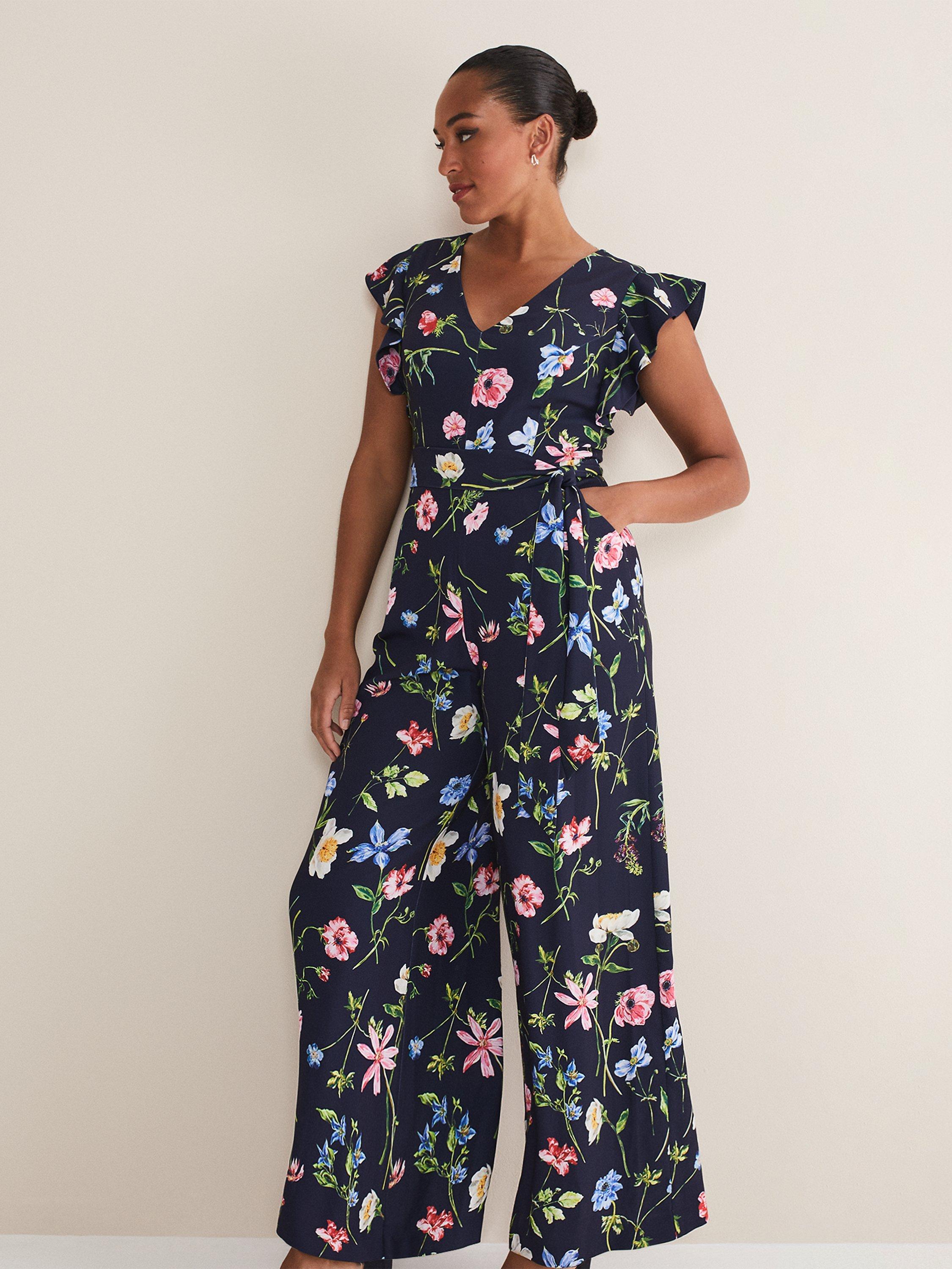 Product image 3 of 7, which shows Phase Eight Kallie V-Neck Floral Jumpsuit, Navy/Multi, 6