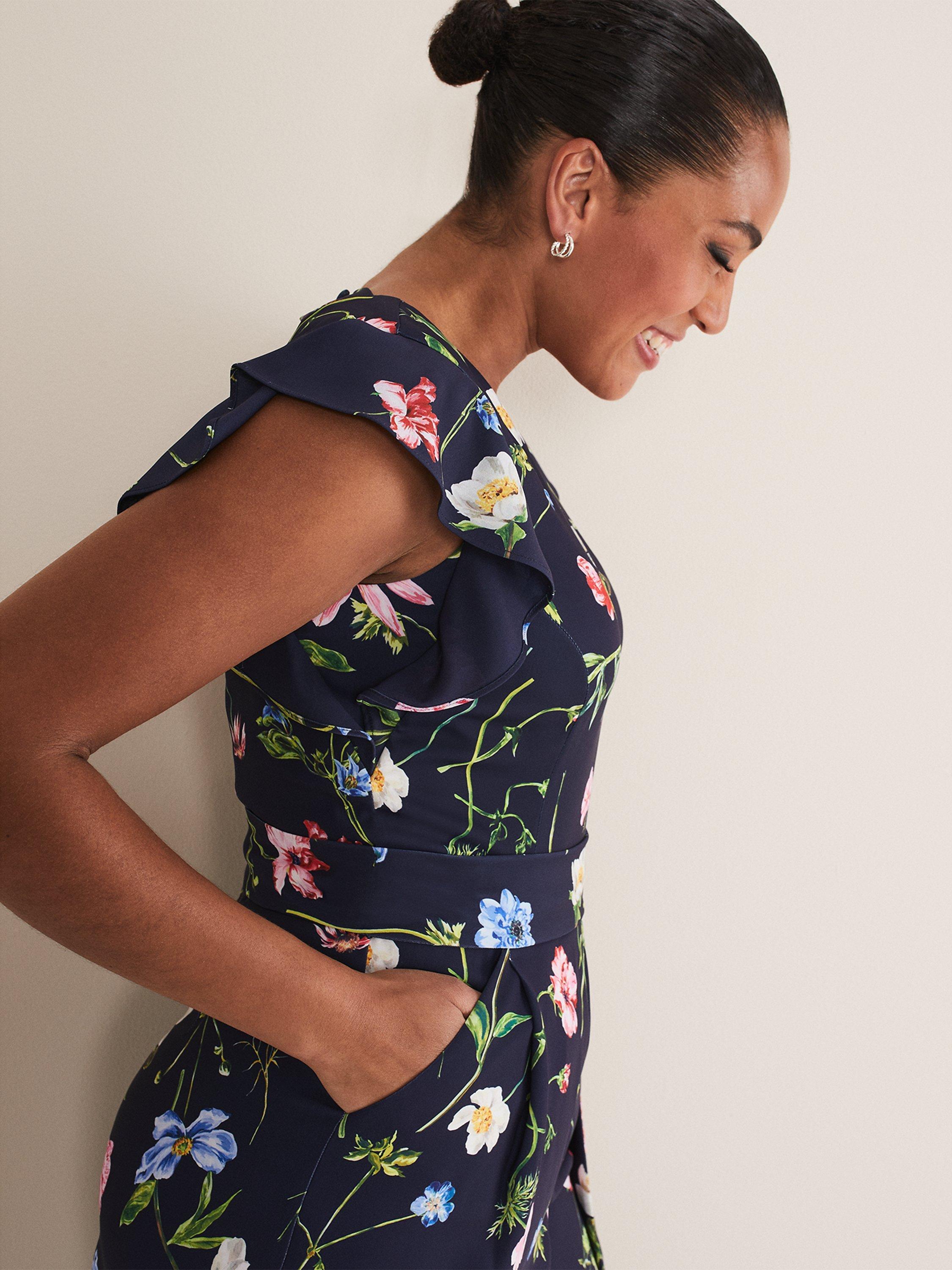 Product image 4 of 7, which shows Phase Eight Kallie V-Neck Floral Jumpsuit, Navy/Multi, 6