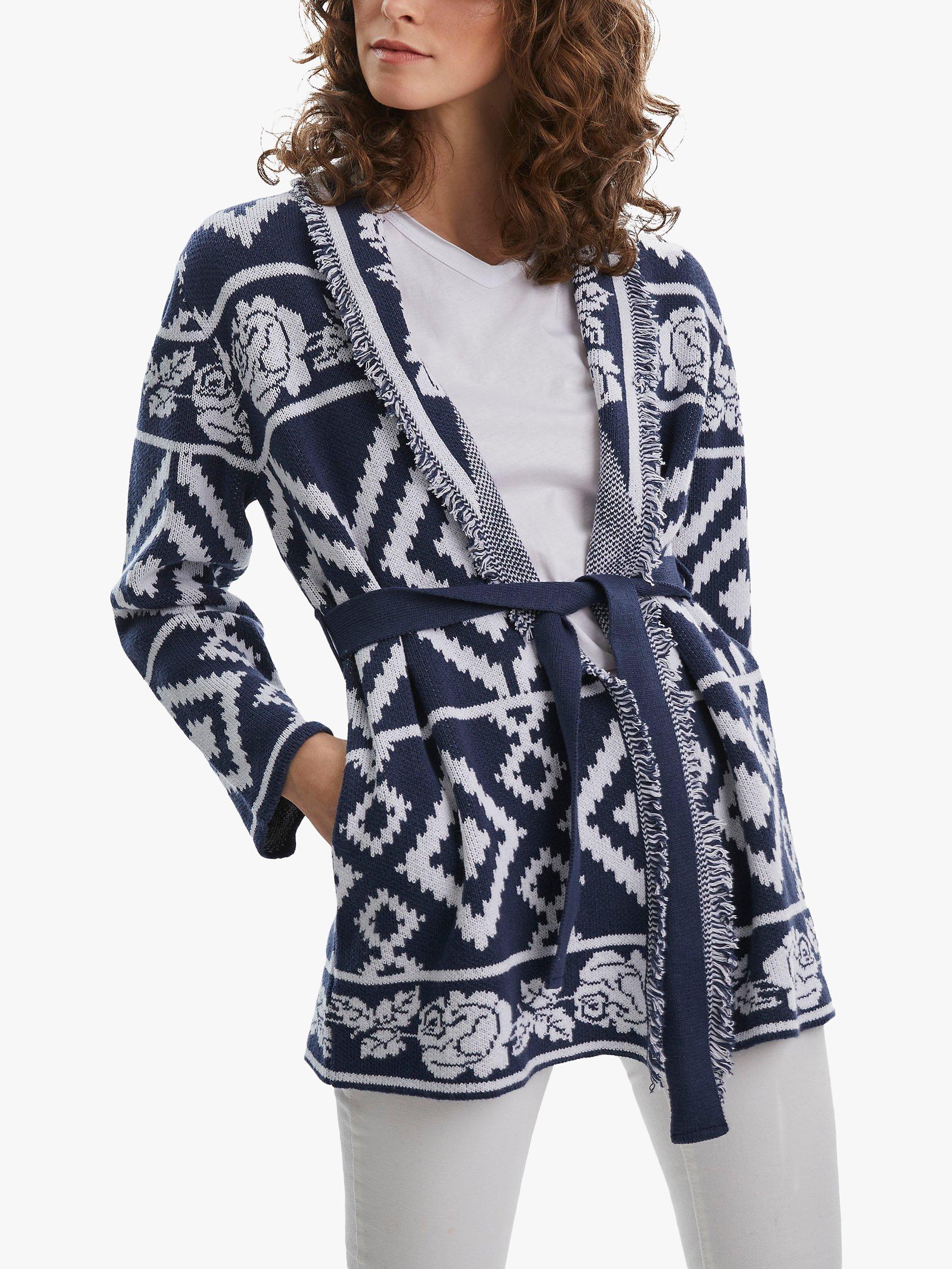 James Lakeland Geo Print Knitted Cardigan, Navy/Cream, 16