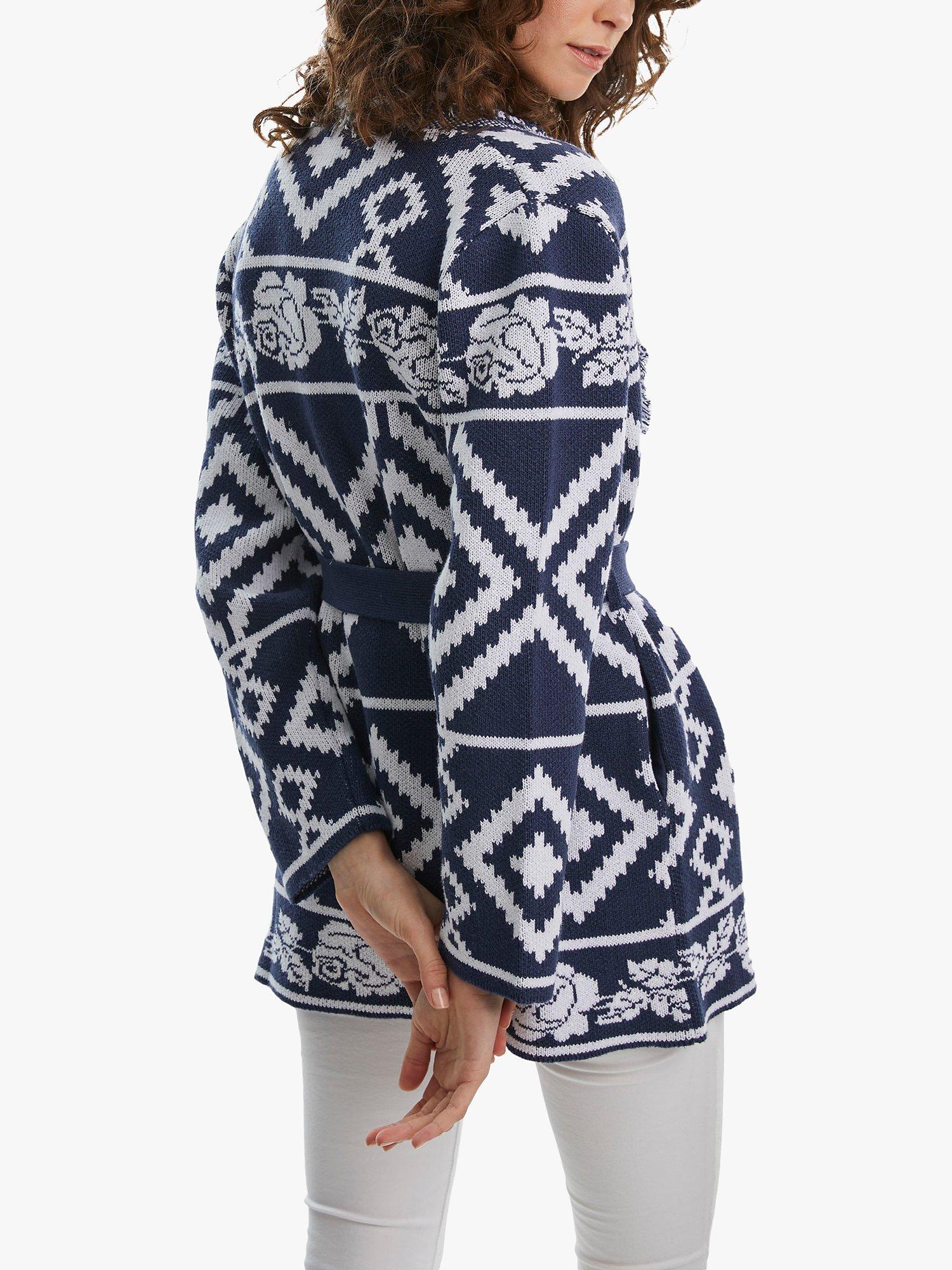 James Lakeland Geo Print Knitted Cardigan, Navy/Cream, 16