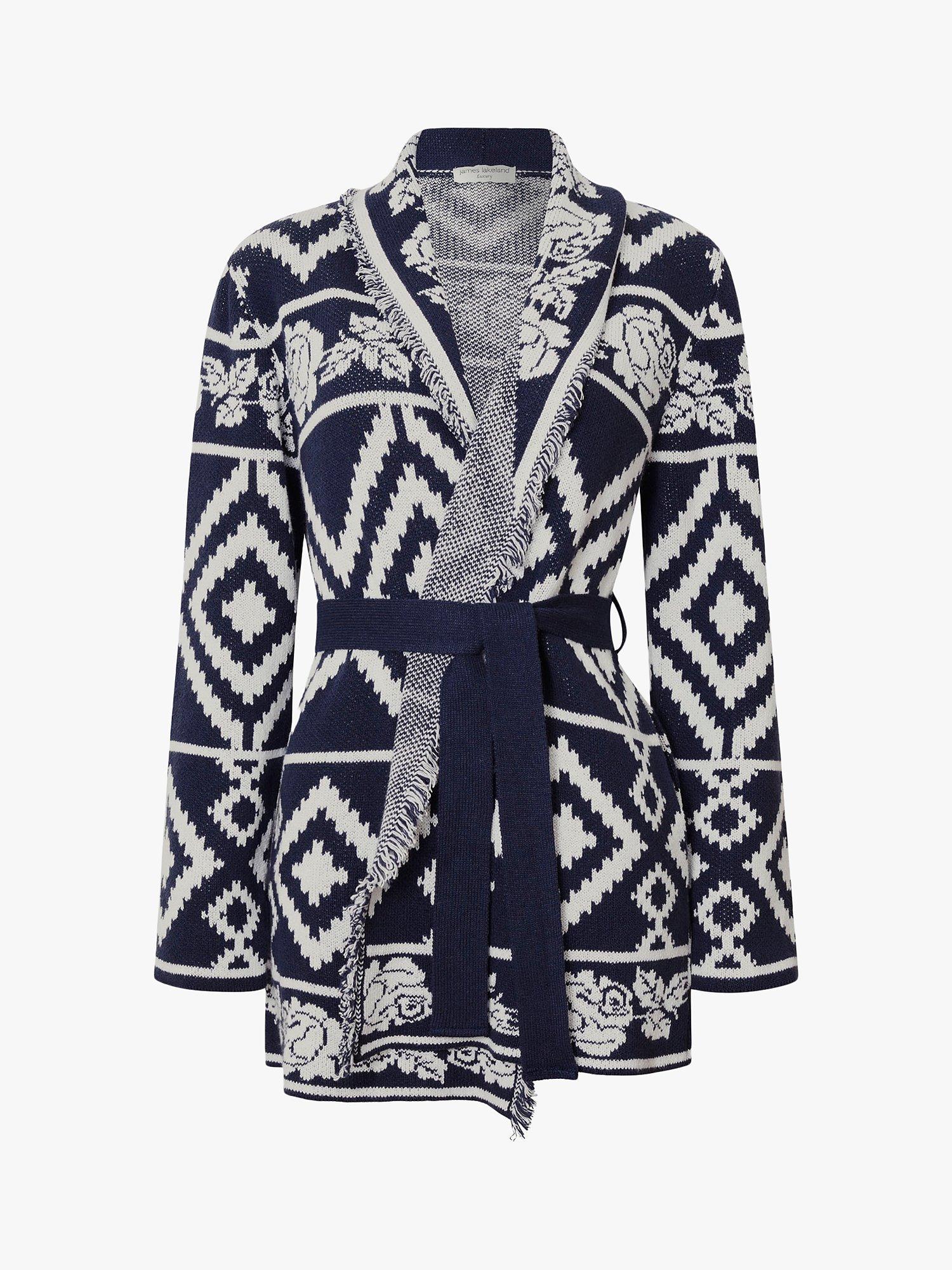 James Lakeland Geo Print Knitted Cardigan, Navy/Cream, 16