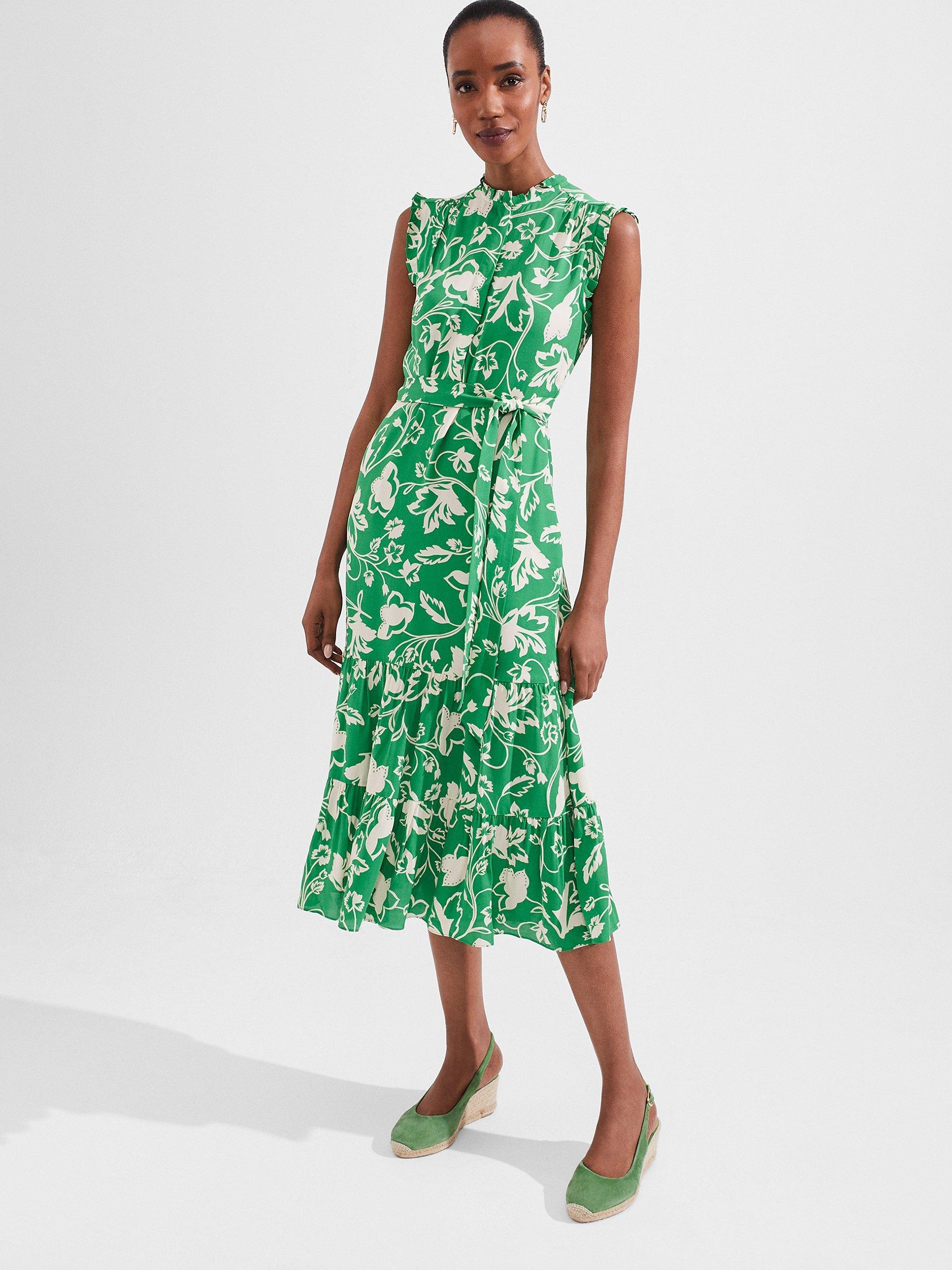 Hobbs Elsa Floral Frill Neck Midi Dress Green Ivory