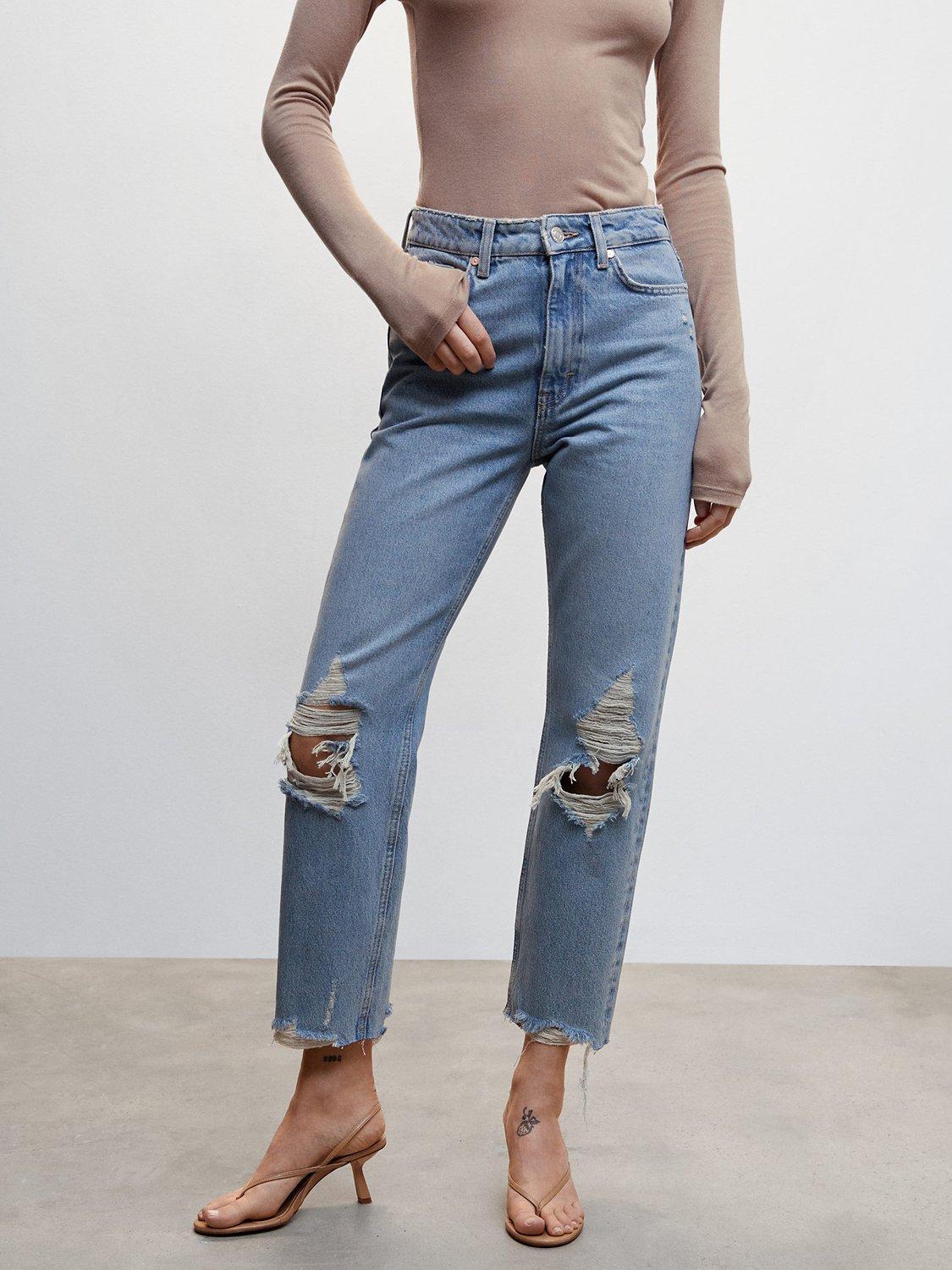 Mango Irene Frayed Hem Straight Jeans, Denim Blue