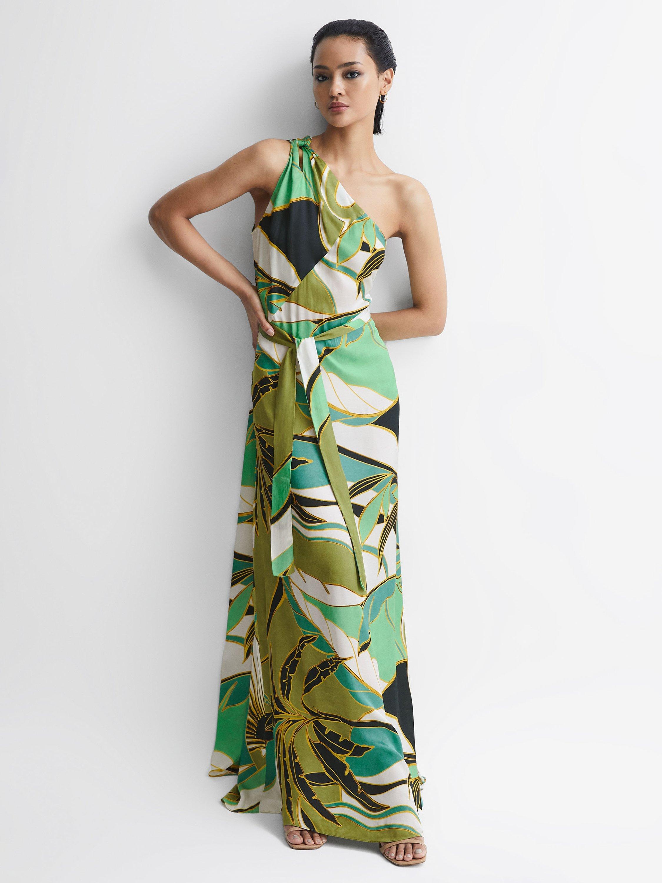 Reiss Tina One Shoulder Maxi Dress, Green/Multi