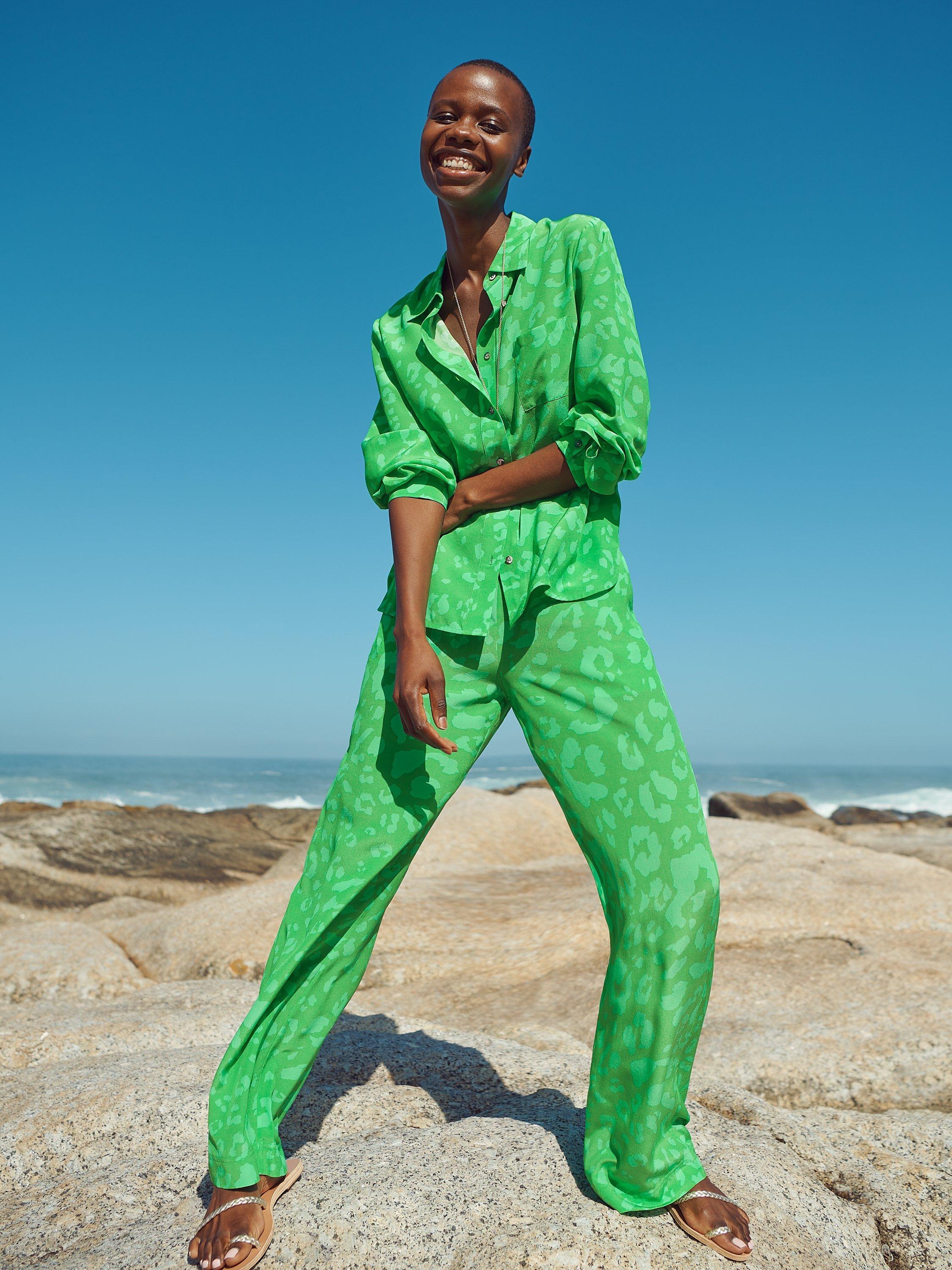 NRBY Chiara Silk Animal Print Shirt, Green