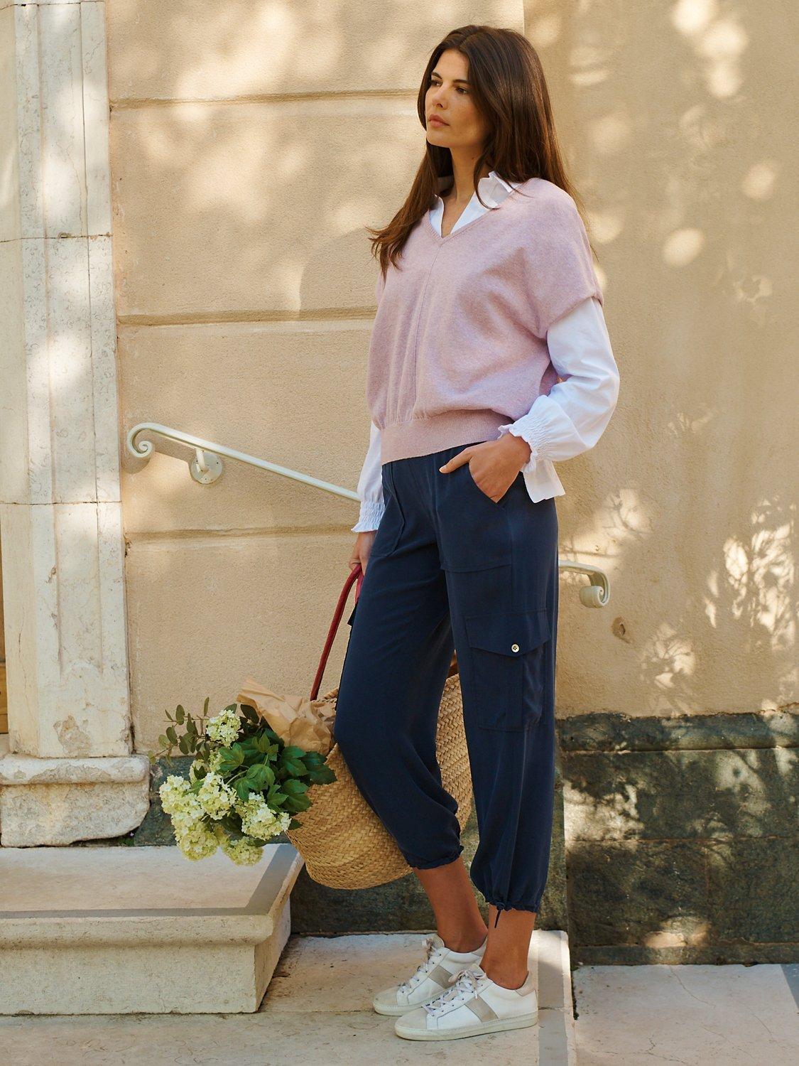 Product image 1 of 8, which shows NRBY Becca Silk Cargo Trousers, Navy, XS