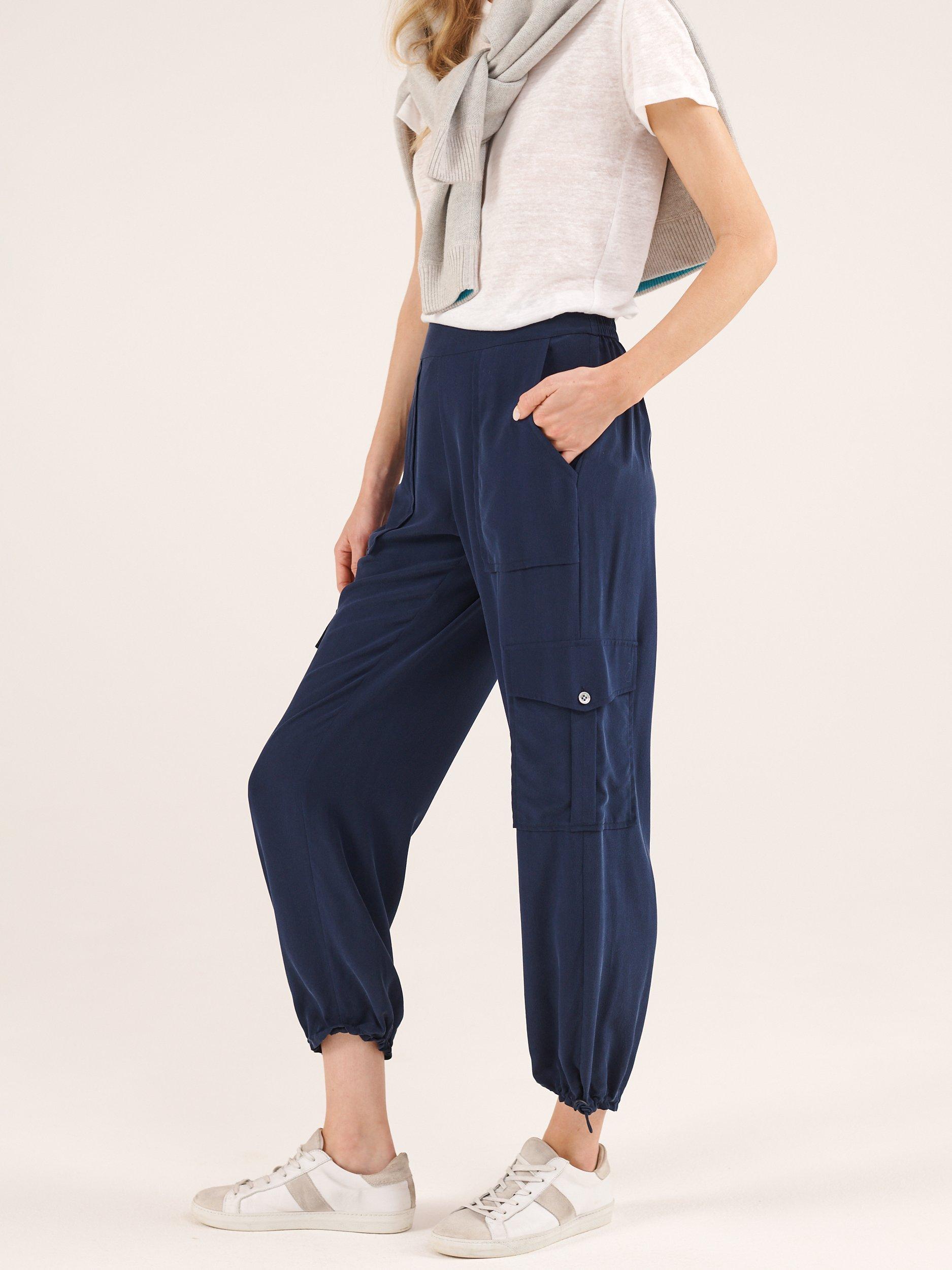 Product image 4 of 8, which shows NRBY Becca Silk Cargo Trousers, Navy, XS
