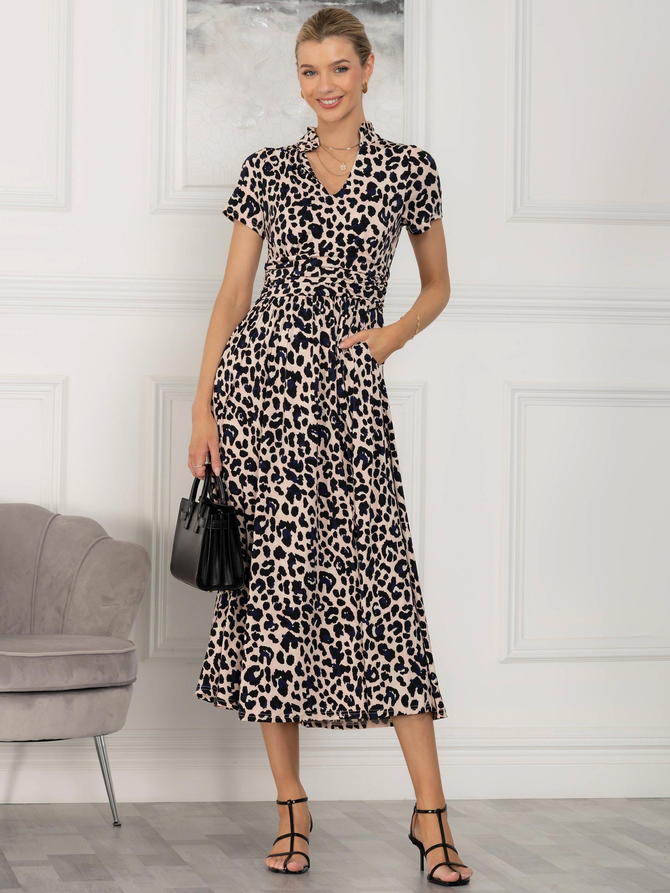Product image 1 of 7, which shows Jolie Moi Mabrouka Animal Print Midi Dress, Pink/Black, 16