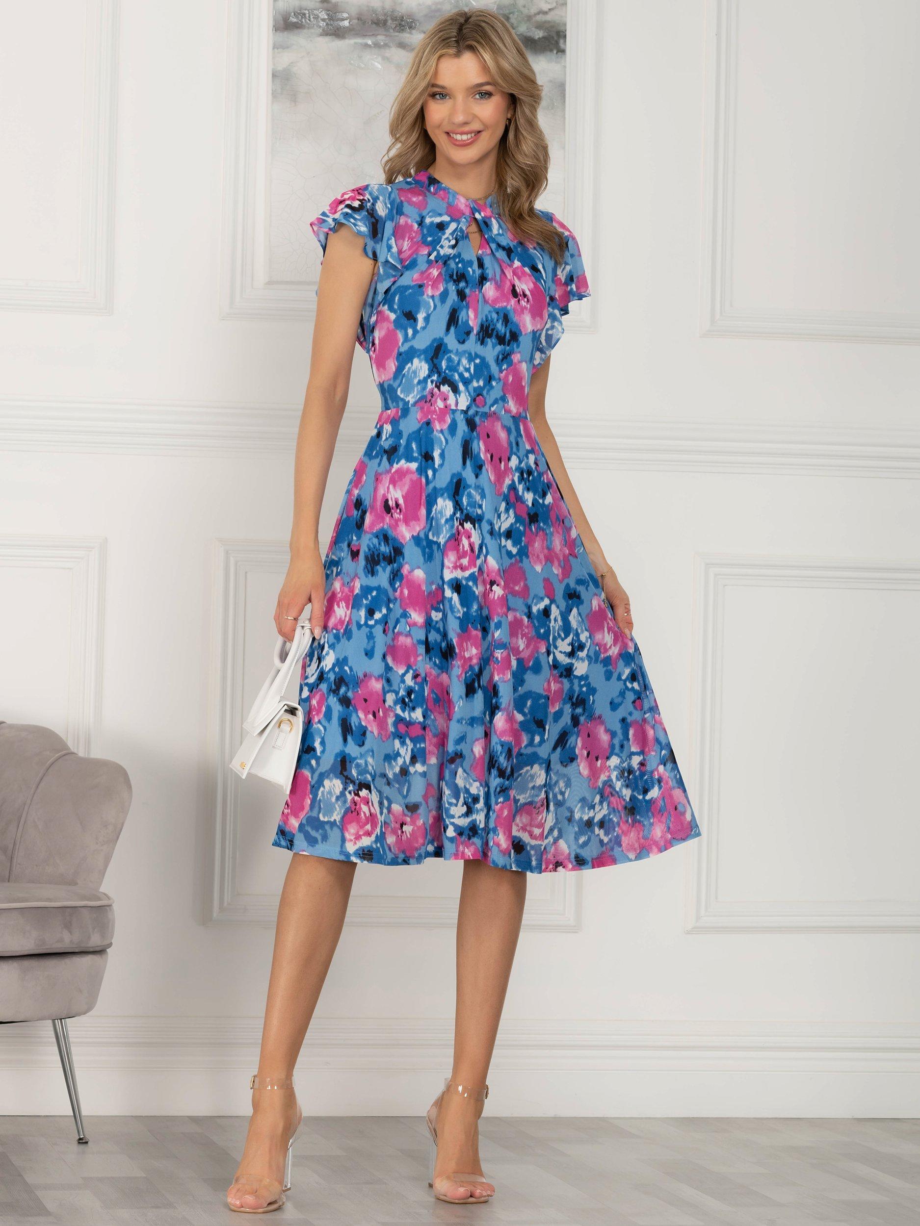 Jolie Moi Luella Keyhole Mesh Dress, Blue Abstract
