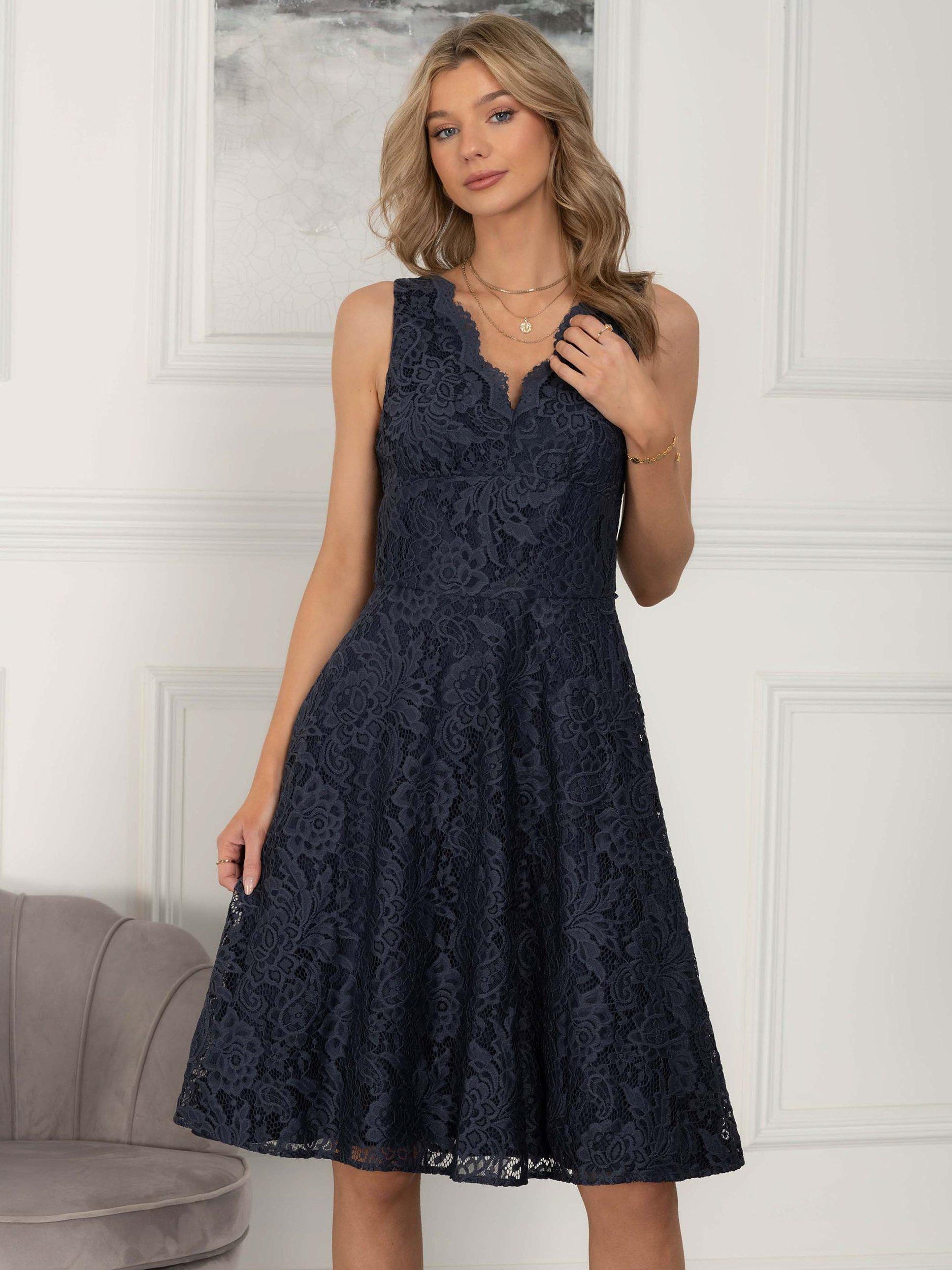 Jolie Moi Scalloped V-Neck Lace Dress, Dark Grey