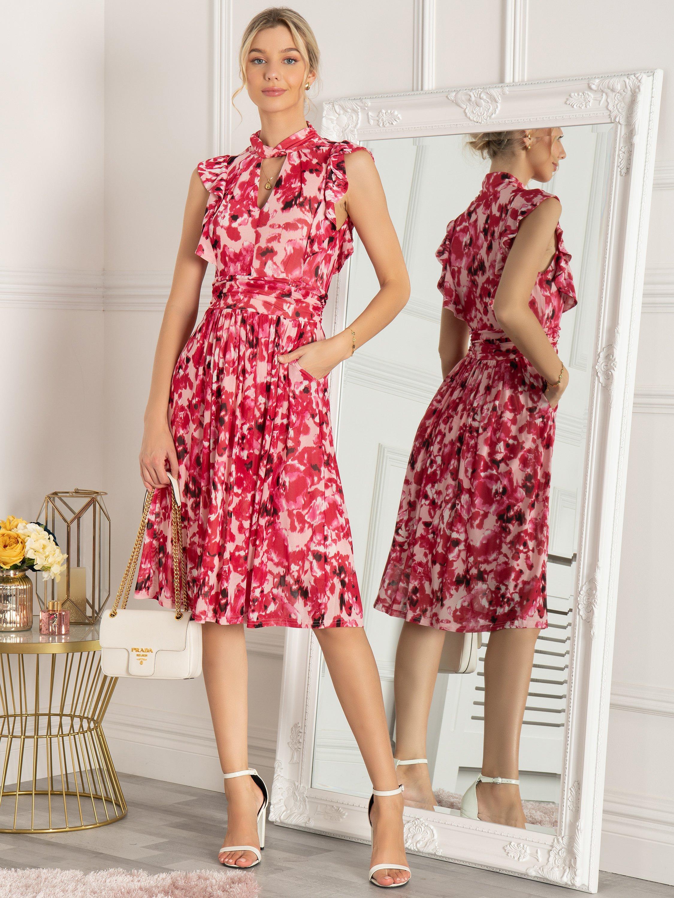 Jolie Moi Lunna High Neck Midi Dress, Red Abstract