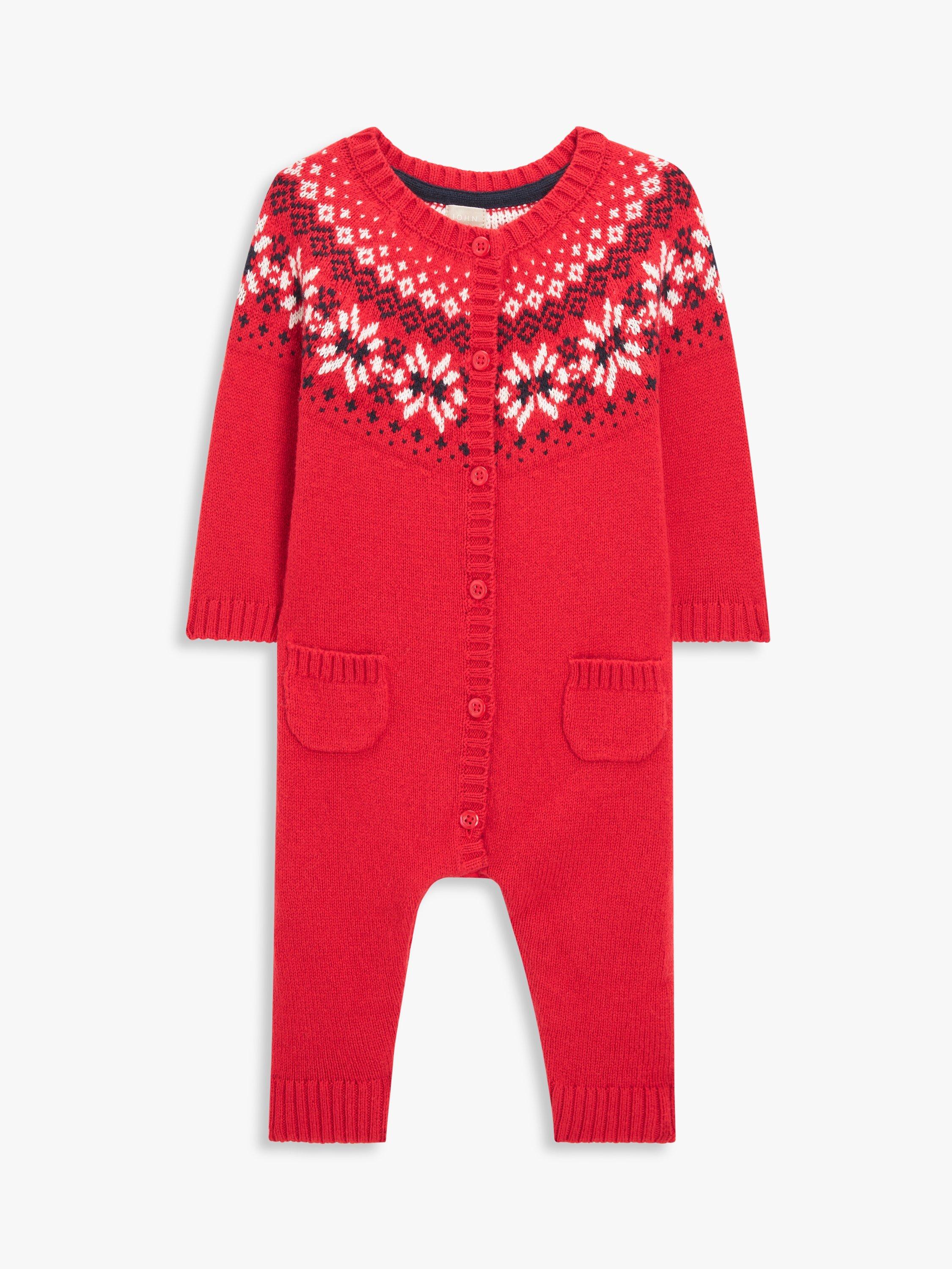John Lewis Baby Christmas Fair Isle Cotton & Wool Blend Romper, Red