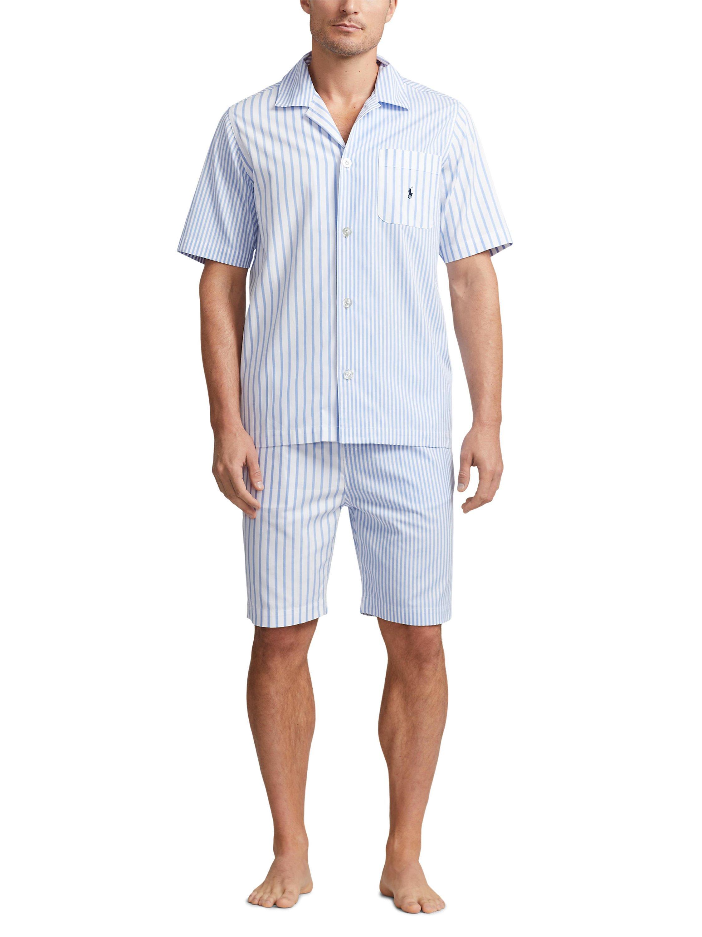 Polo Ralph Lauren Cotton Stripe Short Sleeve Shirt & Shorts Pyjama Set, Blue/White