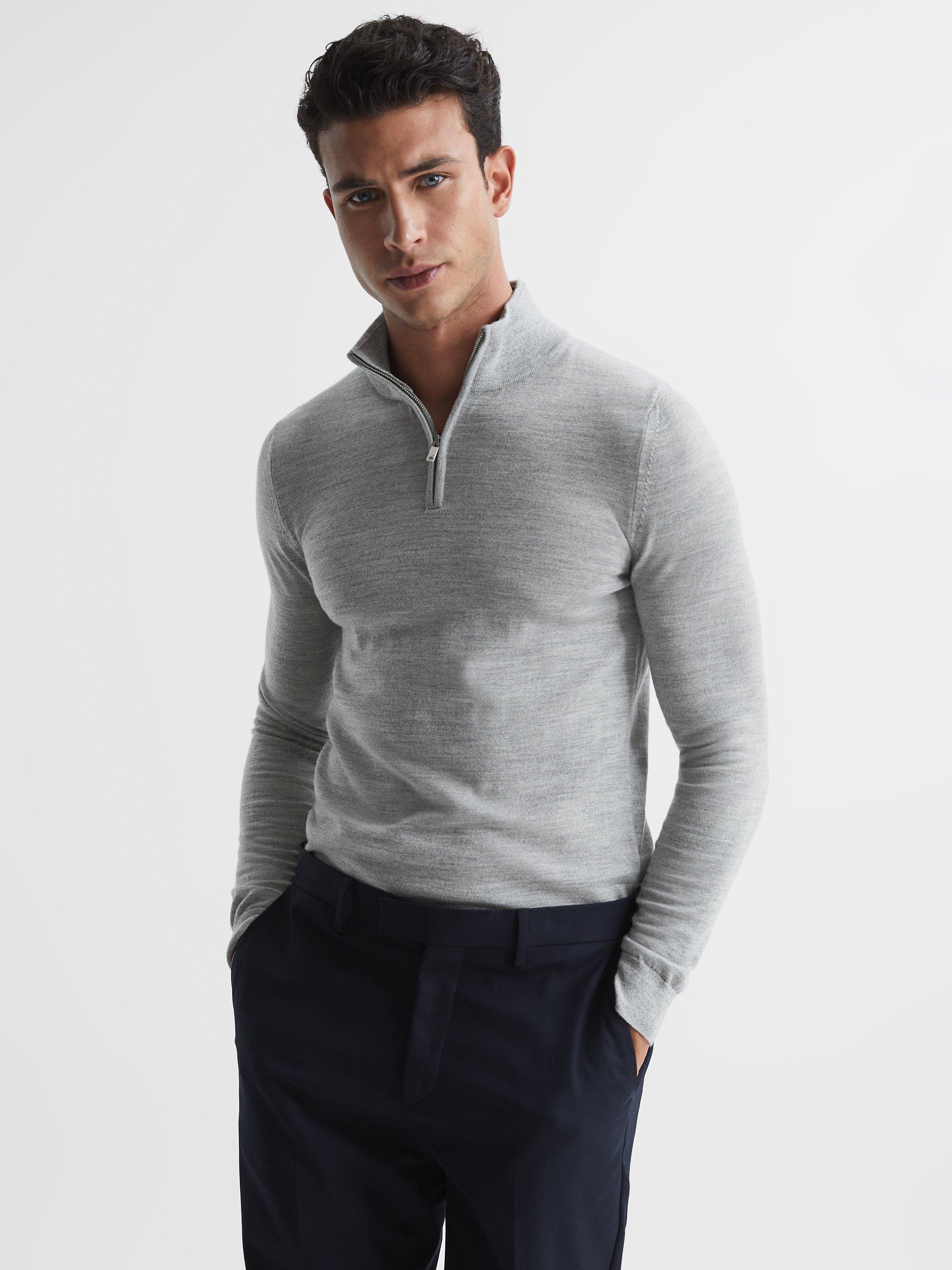 Product image 1 of 5, which shows Reiss Blackhall Merino Wool Funnel Neck Half Zip Jumper, Soft Grey Mouli, XS