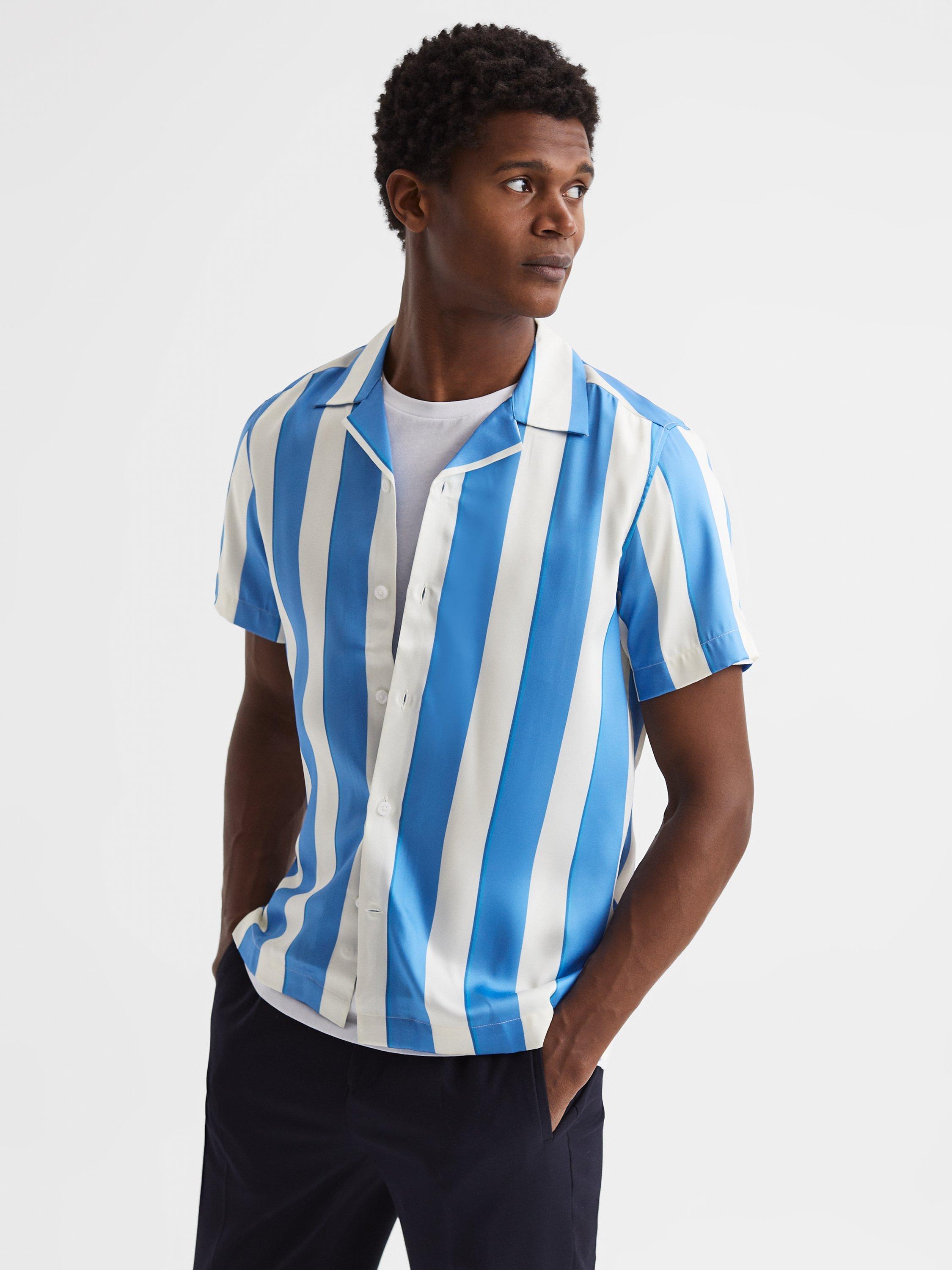 Reiss Virginia Stripe Regular Fit Cuban Collar Shirt, Blue/White