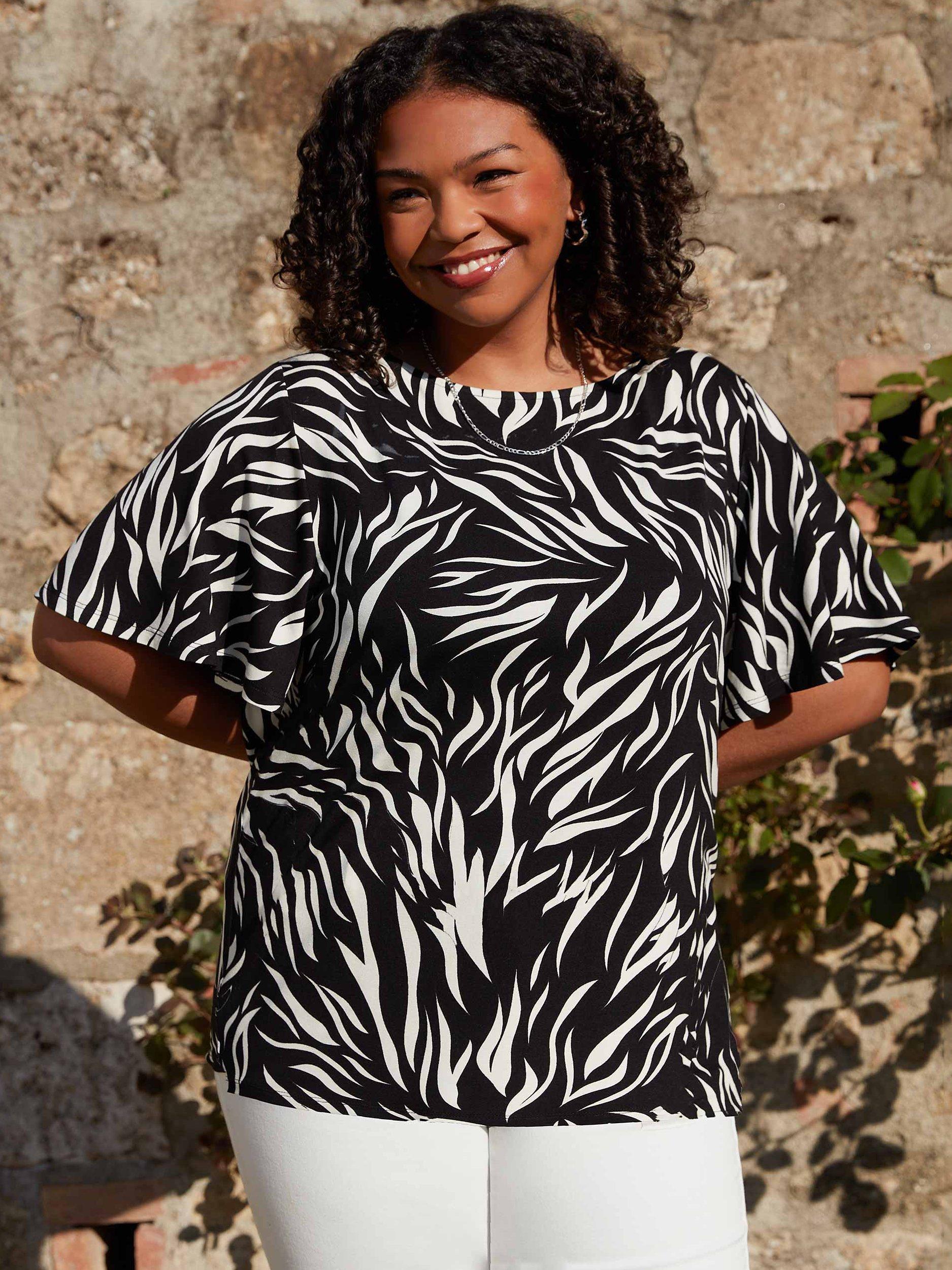 Live Unlimited Curve Reverse Monochrome Zebra Print Top, Black