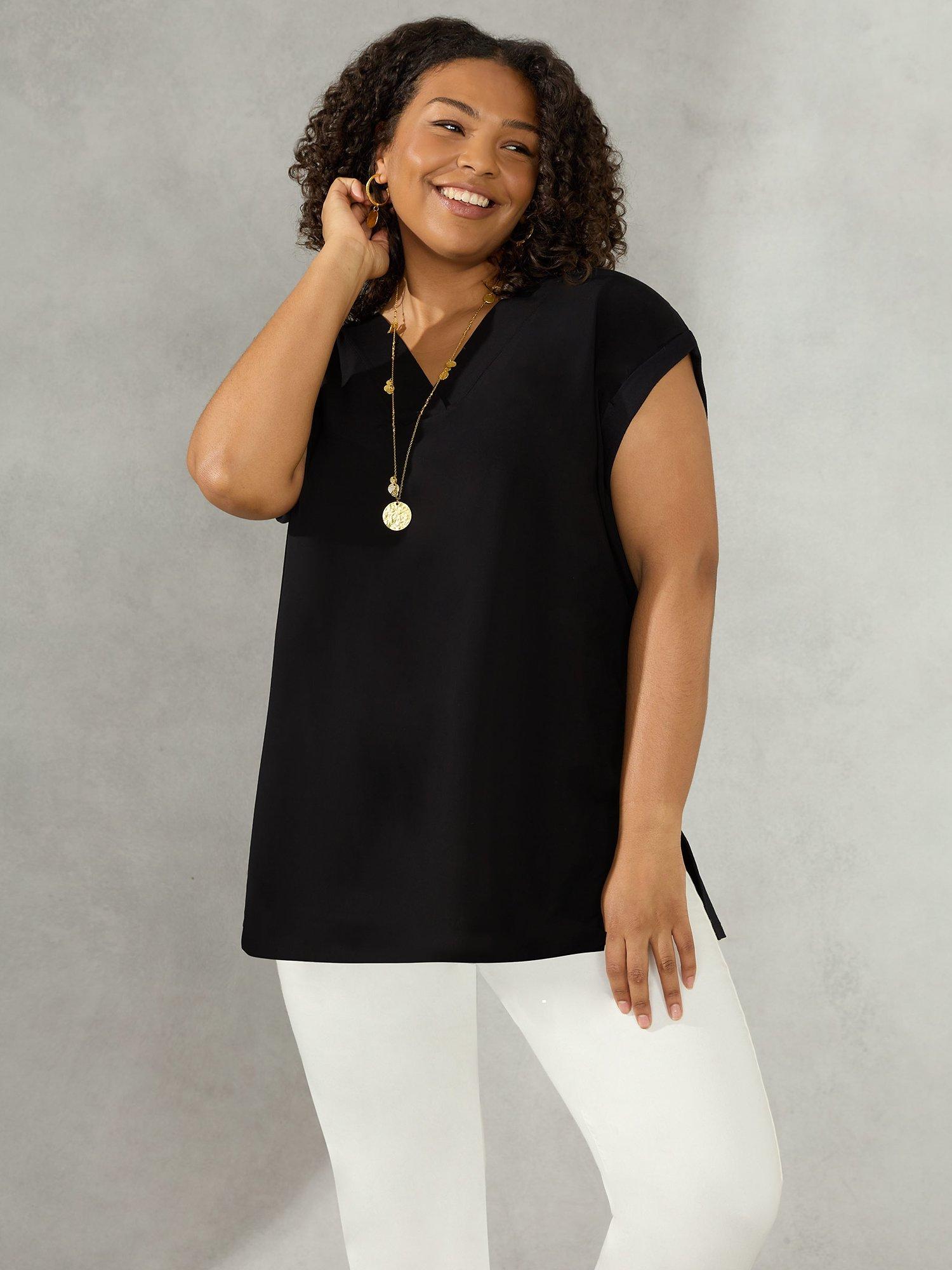 Live Unlimited Curve V-Neck Side Slit Top, Black