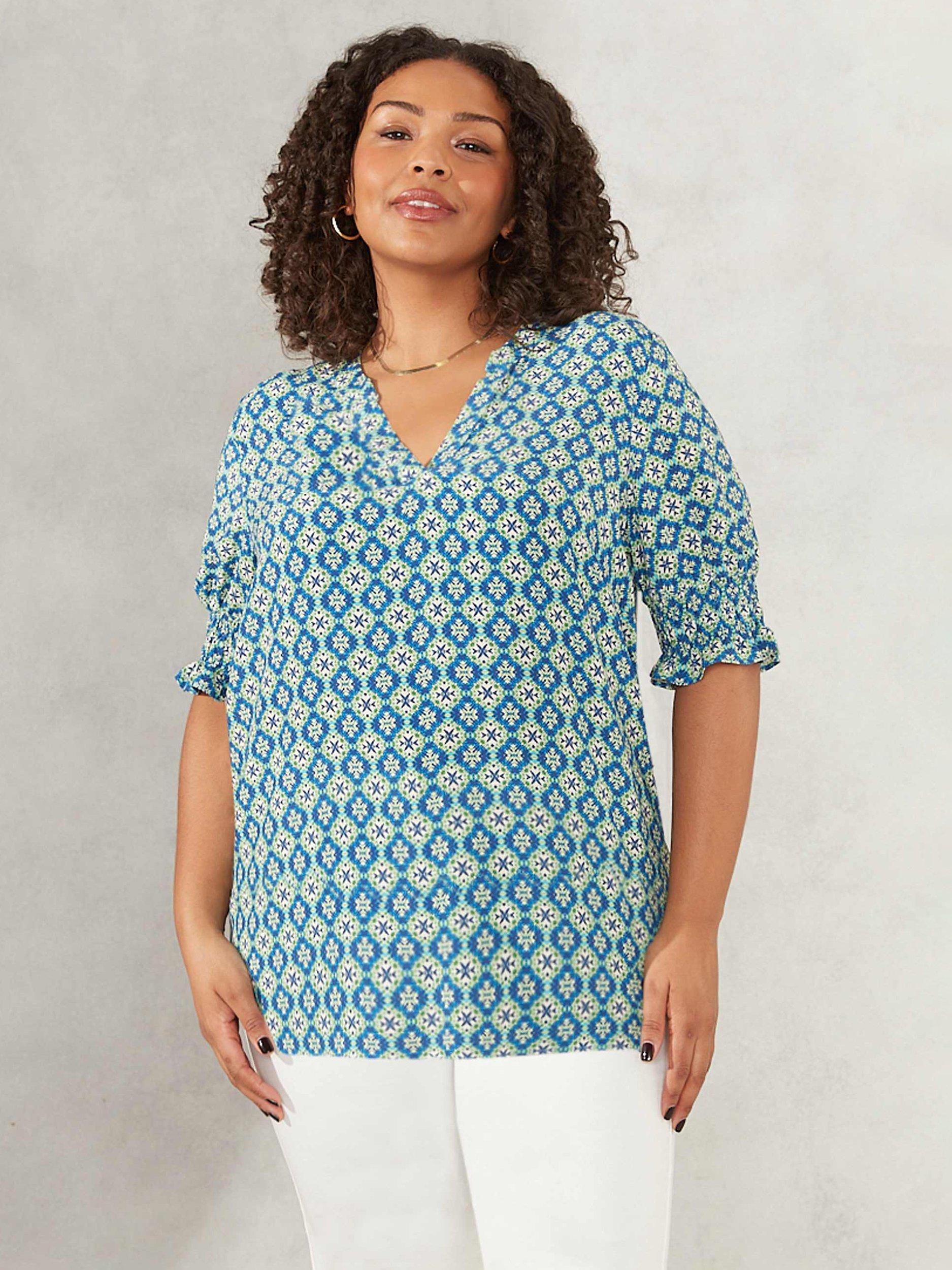 Live Unlimited Curve Tile Print Shirred Cuff Blouse, Blue/Multi