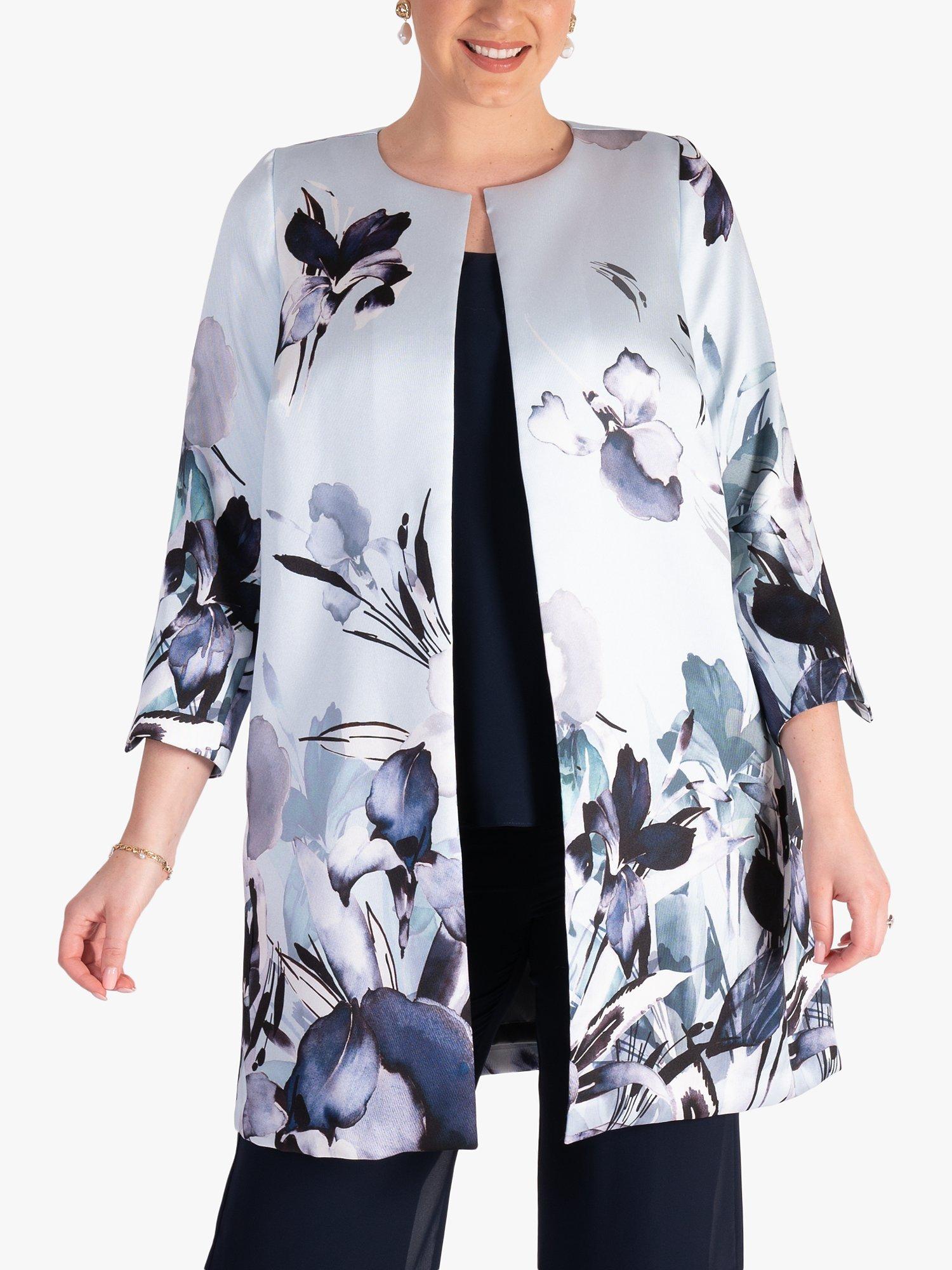 Product image 1 of 9, which shows chesca Floral Satin Twill Coat, Pale Aqua/Multi, 12-14
