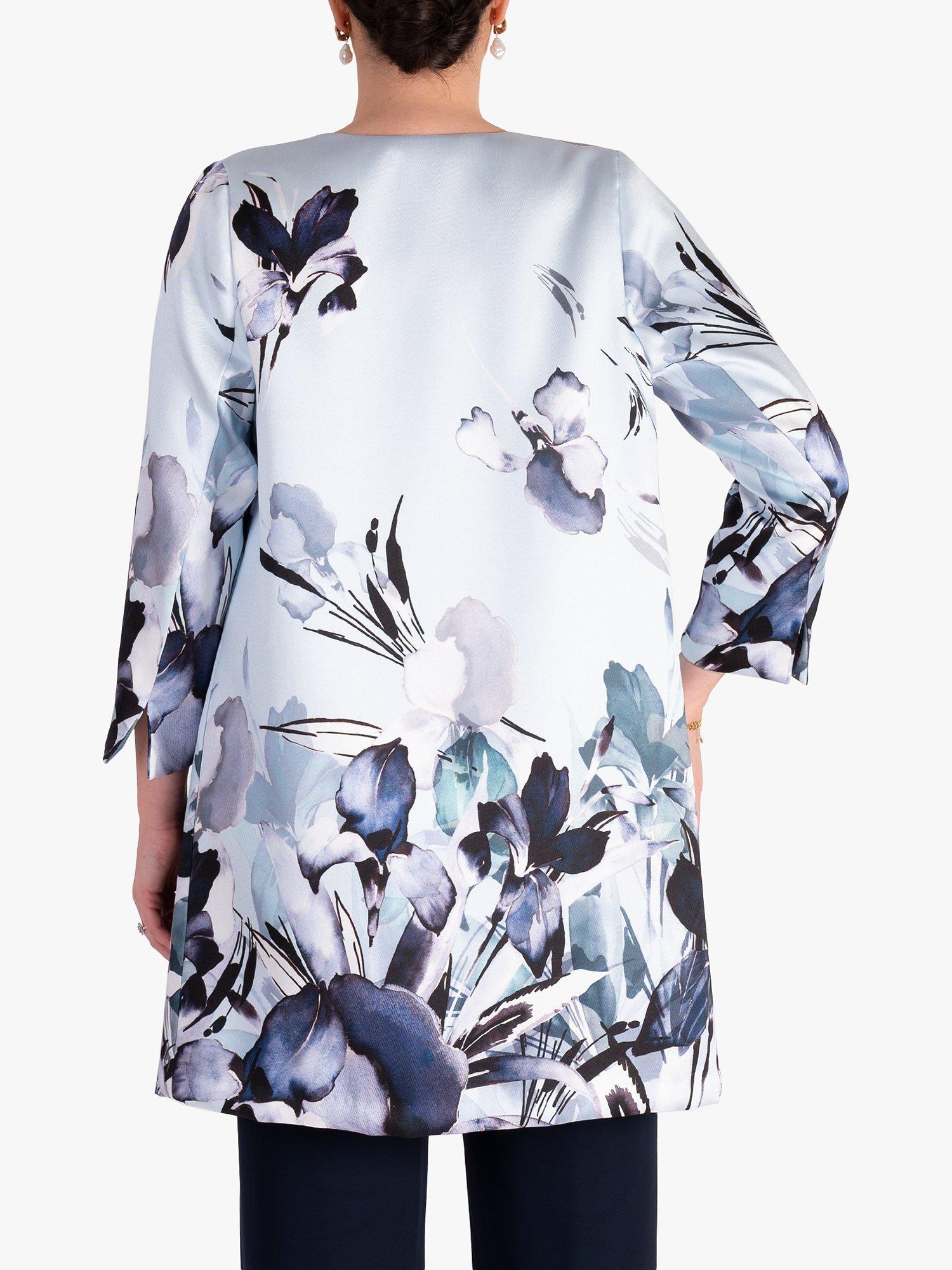 Product image 2 of 9, which shows chesca Floral Satin Twill Coat, Pale Aqua/Multi, 12-14