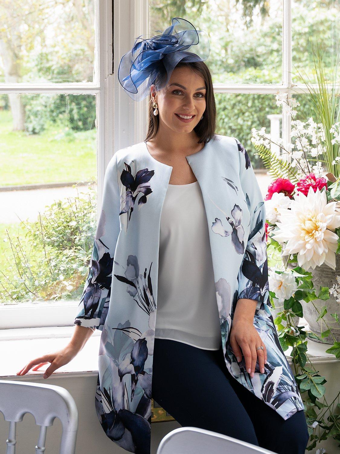 Product image 7 of 9, which shows chesca Floral Satin Twill Coat, Pale Aqua/Multi, 12-14