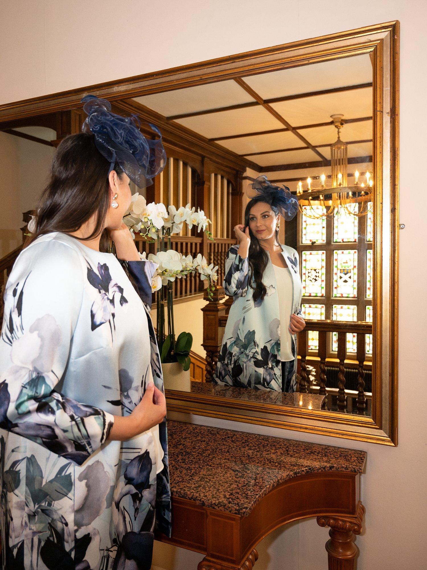Product image 8 of 9, which shows chesca Floral Satin Twill Coat, Pale Aqua/Multi, 12-14