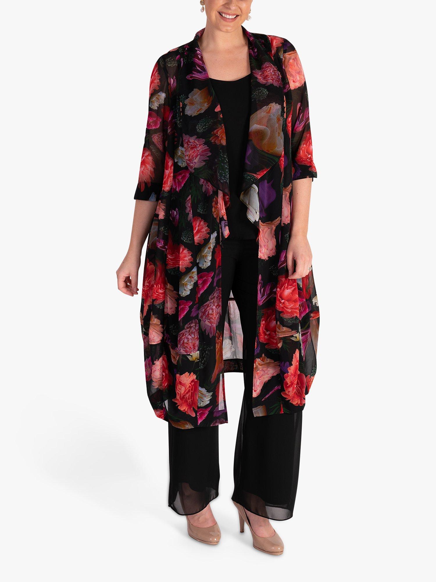 Product image 3 of 7, which shows chesca Rose Print Chiffon Kimono, Black/Multi, 12-14