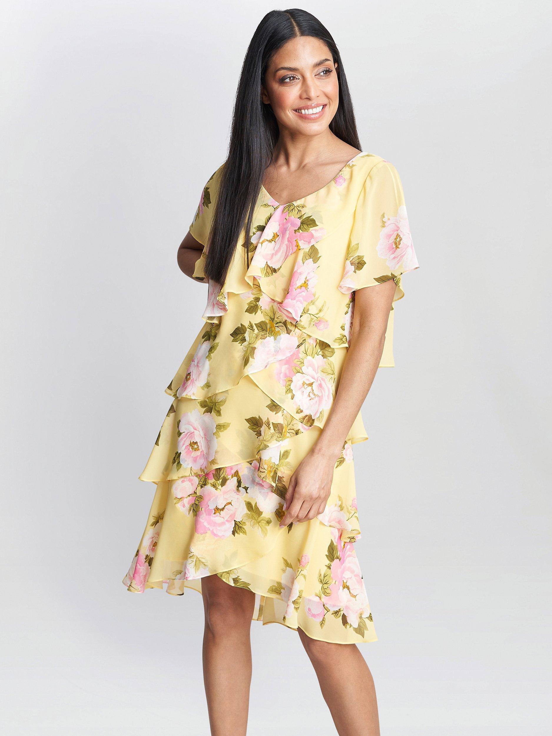 Gina Bacconi Edith Floral Print Tiered Dress, Yellow