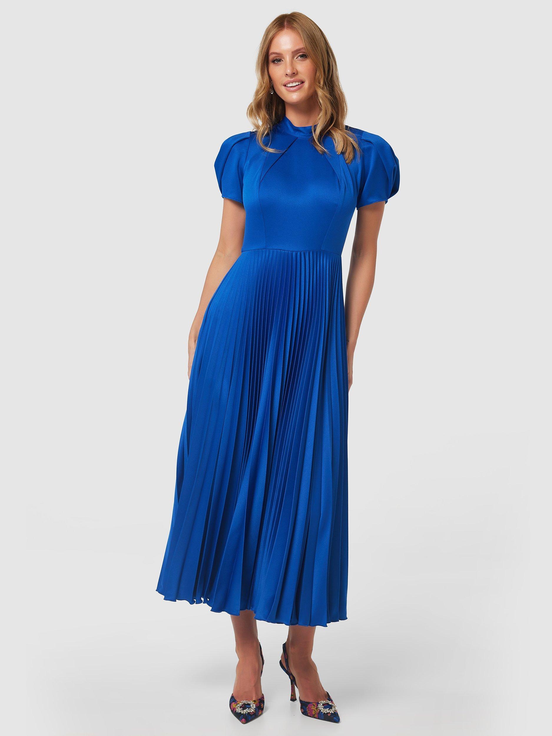 Closet London Puff Sleeve Pleated Midi Dress, Blue, 10