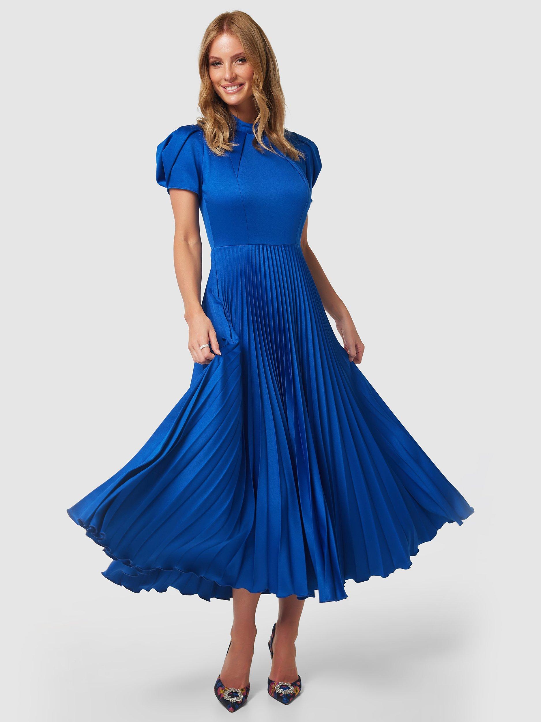 Closet London Puff Sleeve Pleated Midi Dress, Blue, 10