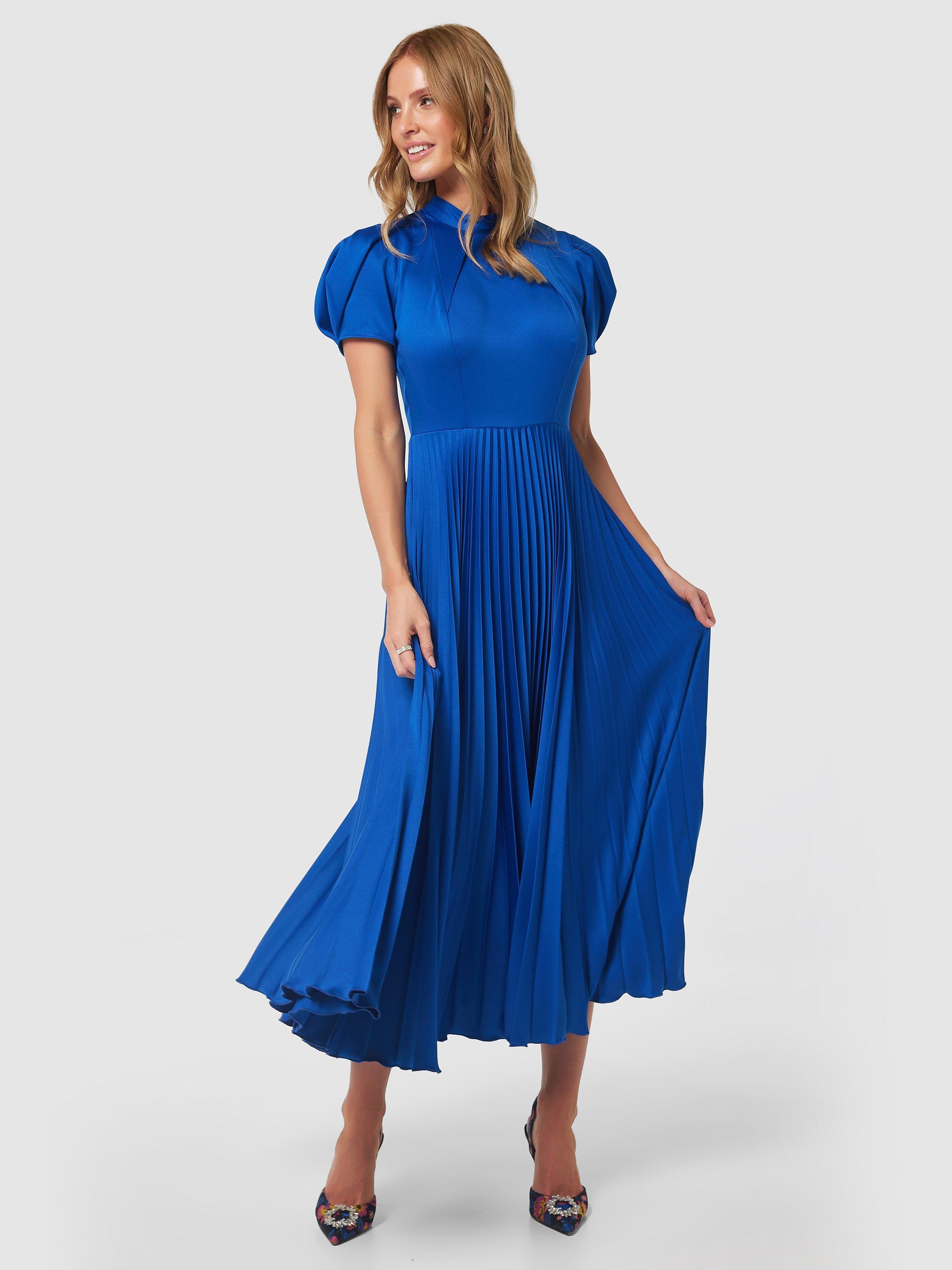 Closet London Puff Sleeve Pleated Midi Dress, Blue, 10