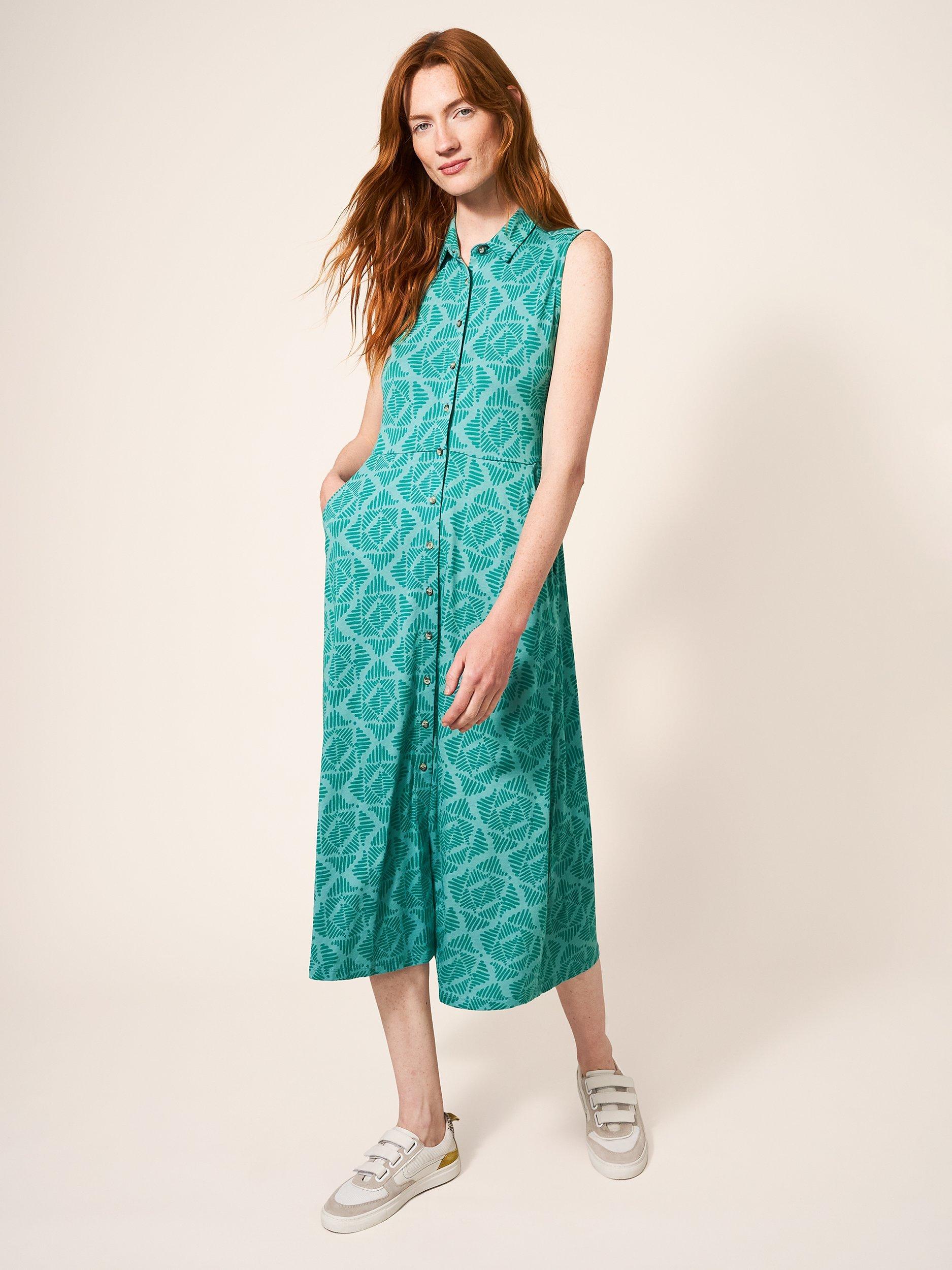 White Stuff Geometric Sleeveless Jersey Shirt Dress, Teal